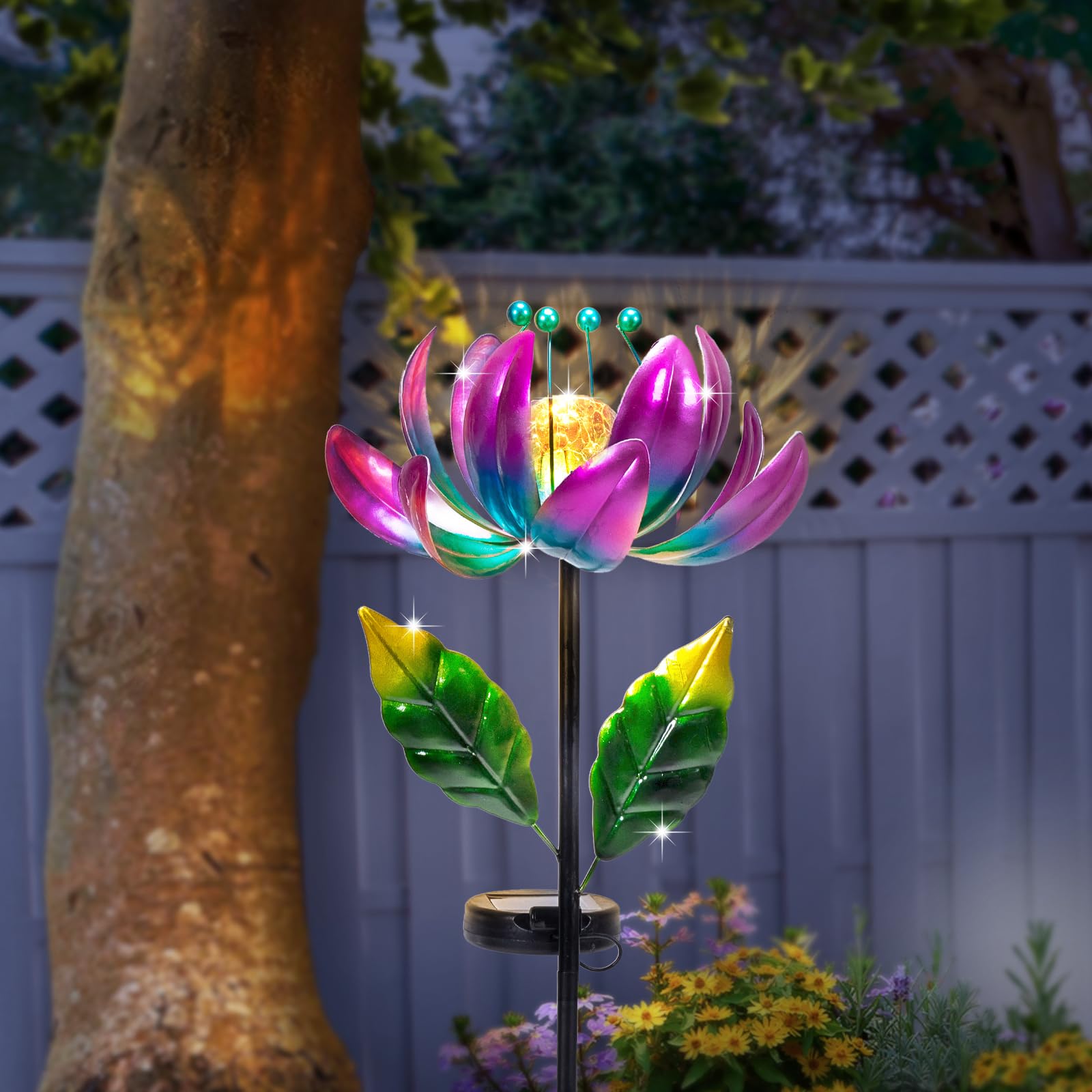 Solar Light Outdoor Waterproof Garden Light Metal Glass Decorative LED Lotus Flower Table Lamp