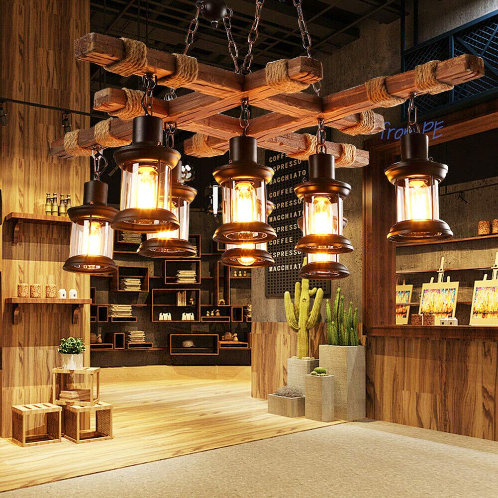 Industrial Vintage Wooden Hanging Pendant Light Retro Loft Lantern Chandelier 4 Lights Suspension Lighting Fixture for Coffee Shop Restaurant Black