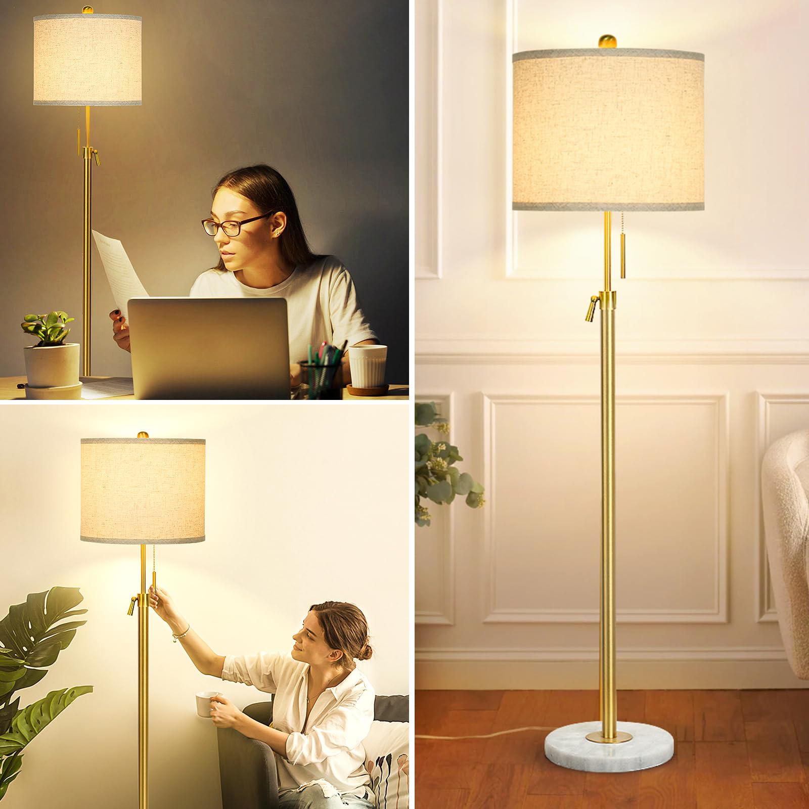 Floor Lamp for Living Room Adjustable Tall Standing Lamp, 3-Way Dimmable Floor Lamp for Bedroom Office, Black Gold Lamp with Marble Base and White Linen Shade, 6W 3000K LED Blub Included