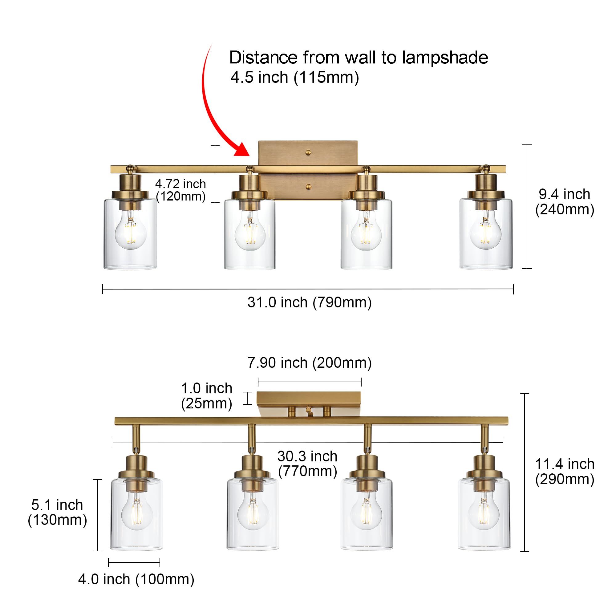 2-Light Adjustable Track Lighting Kit Brass Kitchen Track Lighting Fixtures Ceiling Spotlight with Clear Glass Shade for Hallway Foyer Bath Storage