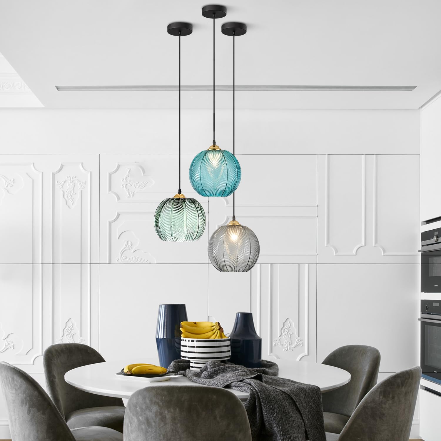 KCO Lighting 3-Lights Smoke Gray Glass Pendant Light Black Globe Round Cluster Chandelier Mid-Century Modern Multi Light Pendant Lighting Nordic Kitchen Island Light Fixture