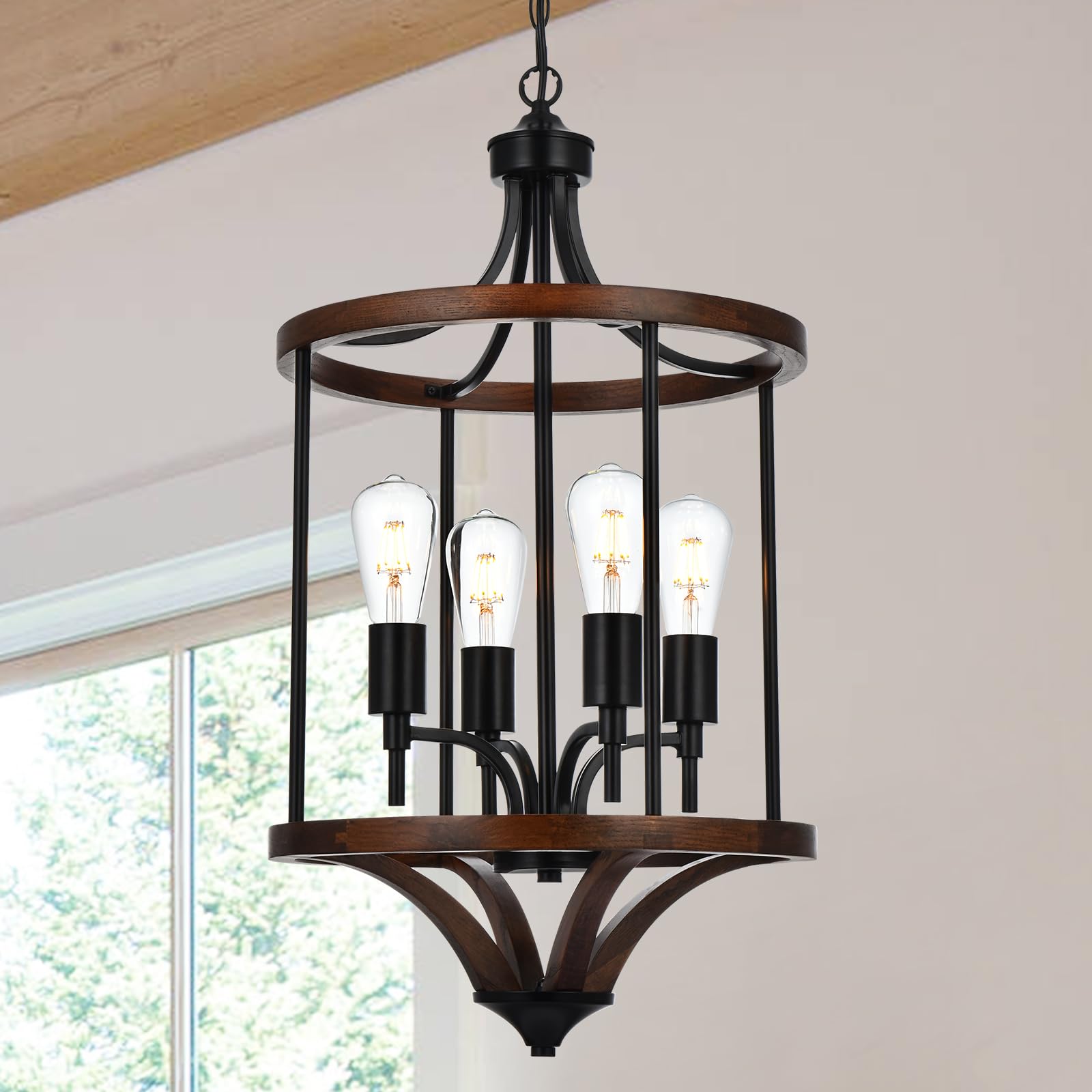 Wooden Chandelier 3-Light Vintage Chandelier Industrial Retro Rustic Black Pendant Light Fixtures for Dining Room Kitchen Island Living Room Bar