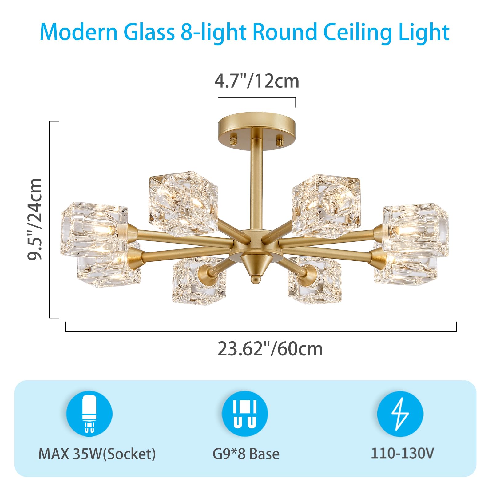 XINGQI Gold Chandelier Sputnik 8-Light Modern Farmhouse Glass Light Fixtures Rectangle Linear Chandelier for Dining Room Living Room Bedroom Kitchen Island