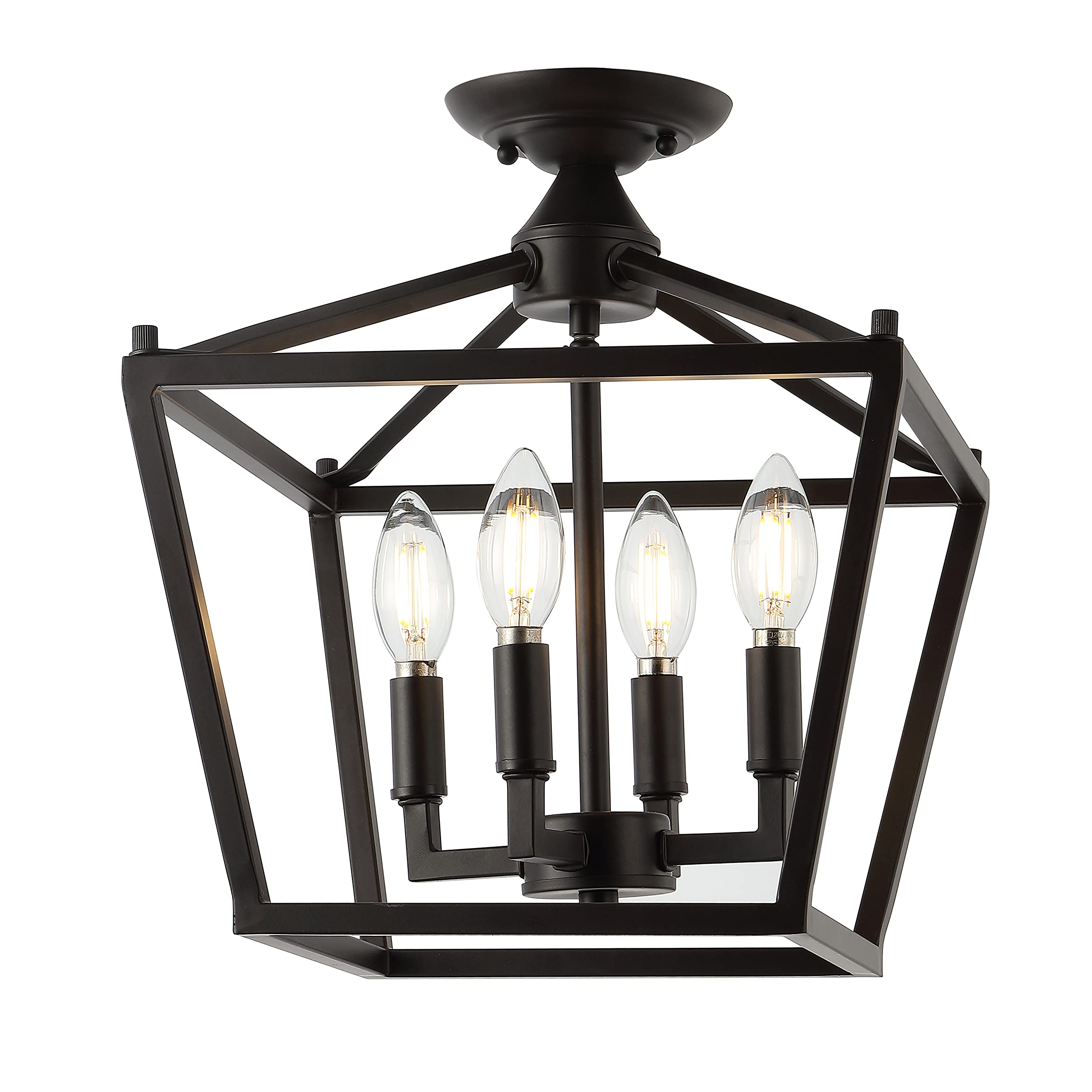 Mini Lantern 12" 4-Light Iron Modern Farmhouse LED Flush Mount, Rustic, Industrial, Dimmable, 2700K Cozy Warm Light Kitchen, Hallway, Bathroom, Stairwell, Brass Gold