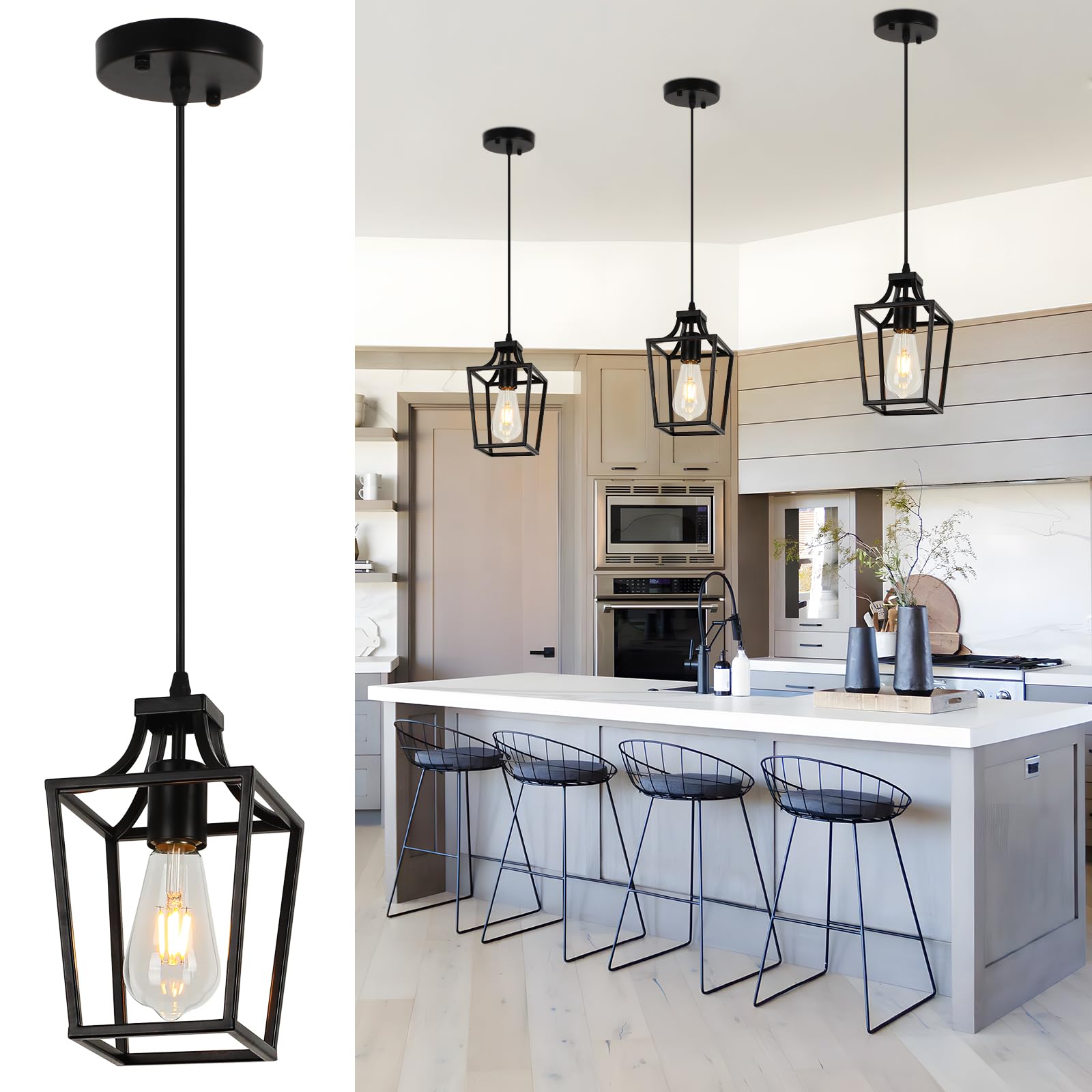 Farmhouse Kitchen Island Lighting Black Pendant Light Fixtures 4-Light Dining Room Lights Wood Chandelier Adjustable Hanging Pendant Lighting for Kitchen Island