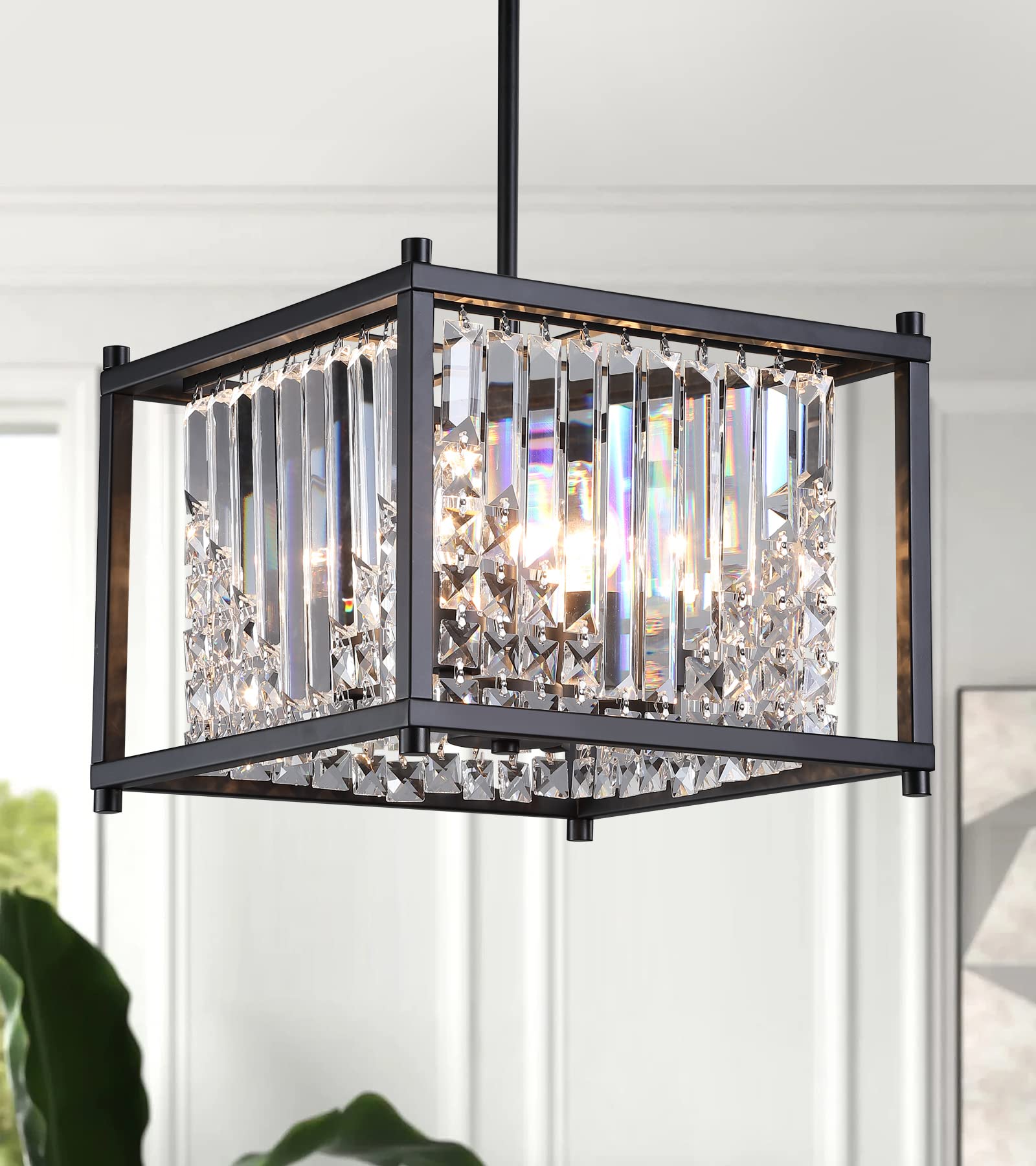 Q&S Modern Crystal Chandelier for Dining Room,Black Rectangular Farmhouse Industrial Pendant 6 Lights for Kitchen Island Bar Living Room Pool Table L37.5 UL Listed