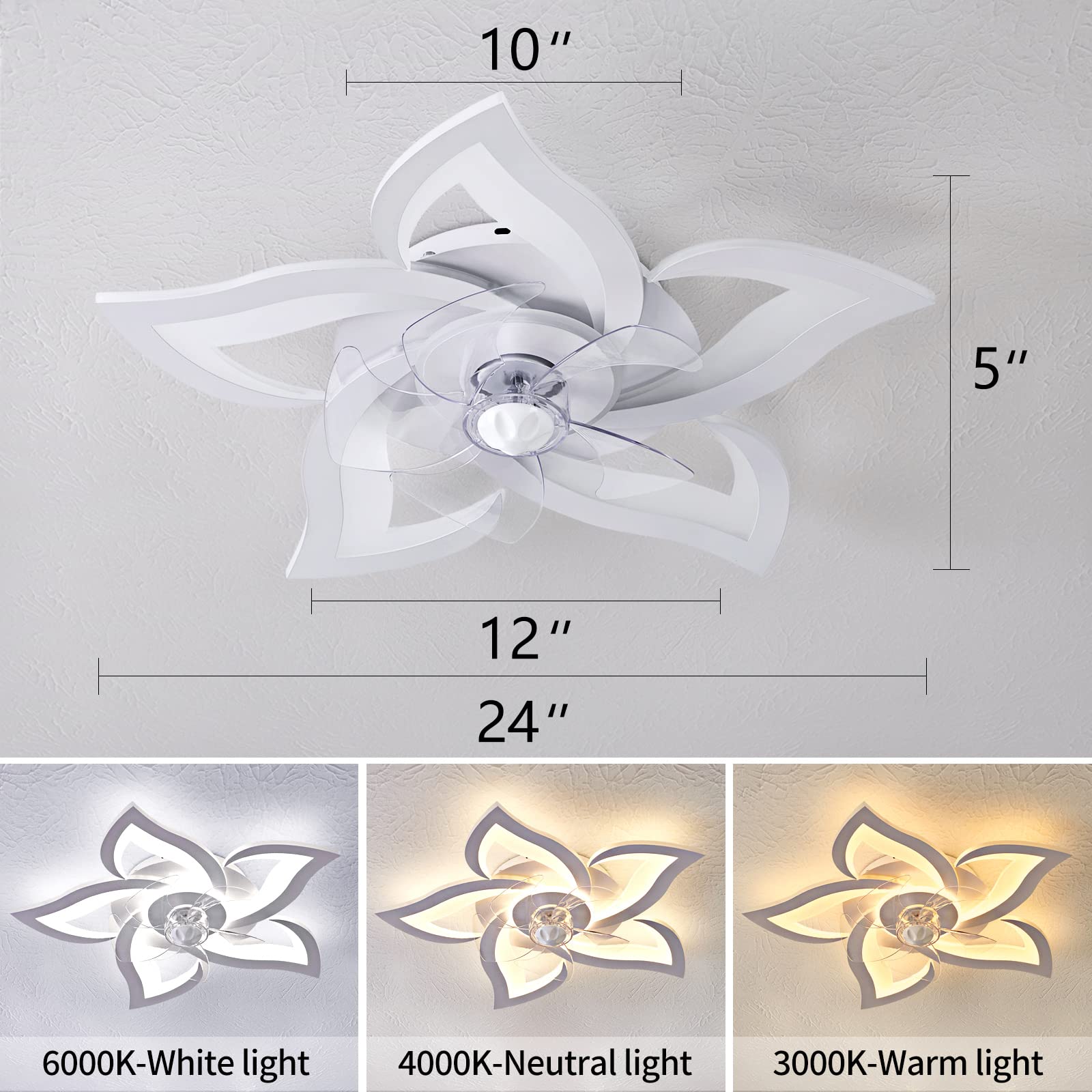 Ceiling Fan with Lights Remote Control, 24" Black, 6 Speeds 3 Light Color Low Profile Flush Mount Ceiling Fan for Kitchen Bedroom