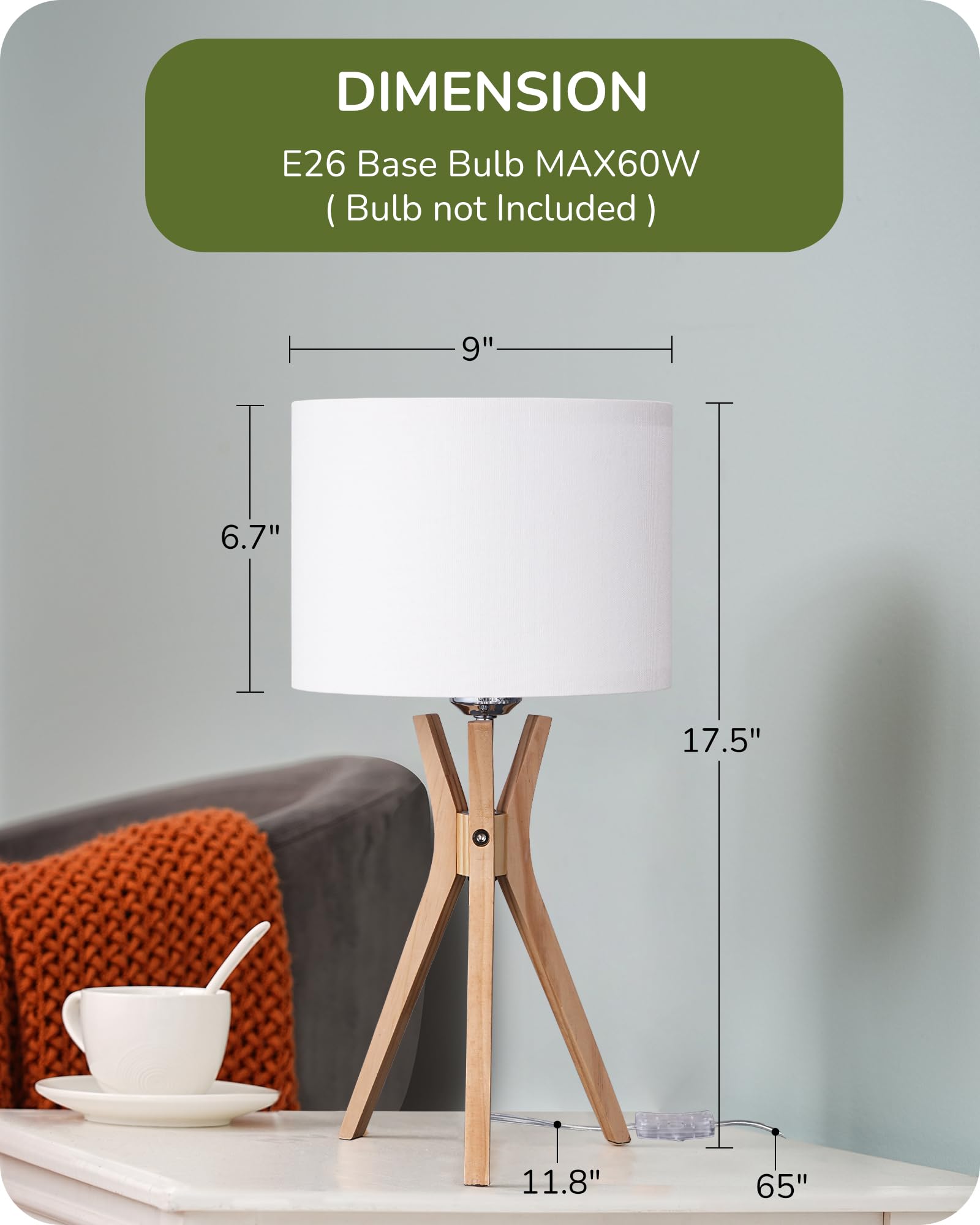 Mid Century Table Lamp, 17.5" Tripod Bedside Lamp with Deep Wood Color Light Base & Beige Linen Lampshade, Nightstand Lamp for Bedroom, Living Room, Reading Room, E26 Base