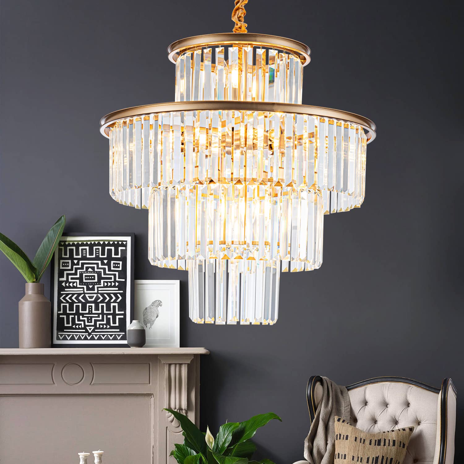 23" 8-Light Modern Crystal Chandelier Light Fixtures 2 Rings Gold Luxury Chandeliers for Dining Room Round Hanging Pendant Lighting for Living Room Kitchen Entryway Bedroom