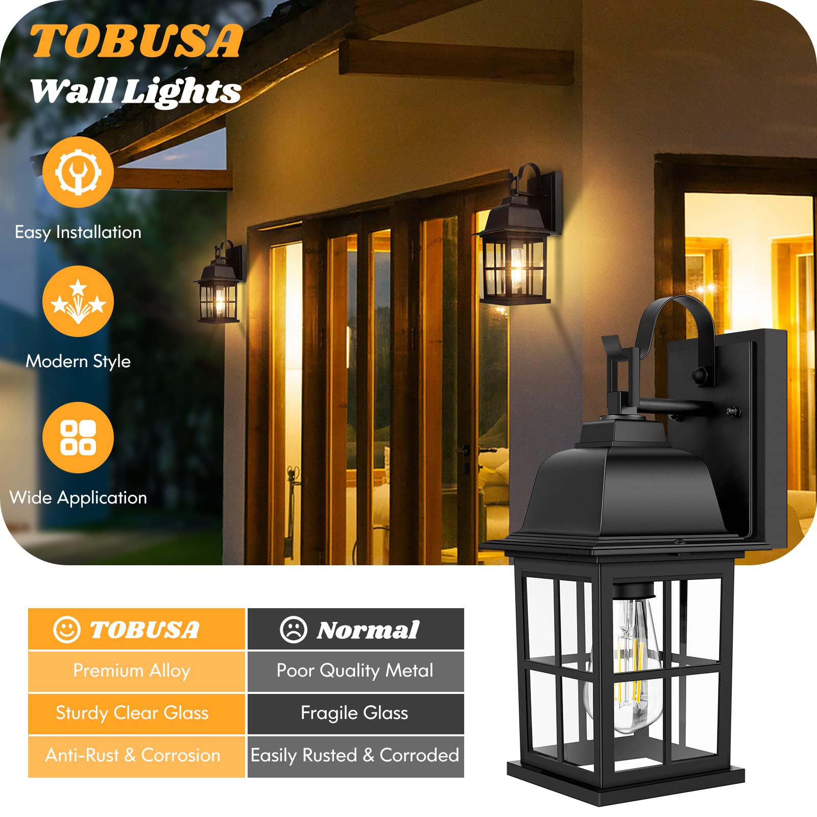 2-Pack Outdoor Light Fixtures Wall Mount, 100% Aluminium Waterproof Exterior Wall Lantern, Anti-Rust Outside Black Wall Sconce Porch Lights for House Garage, Doorway, Bulbs Not Included