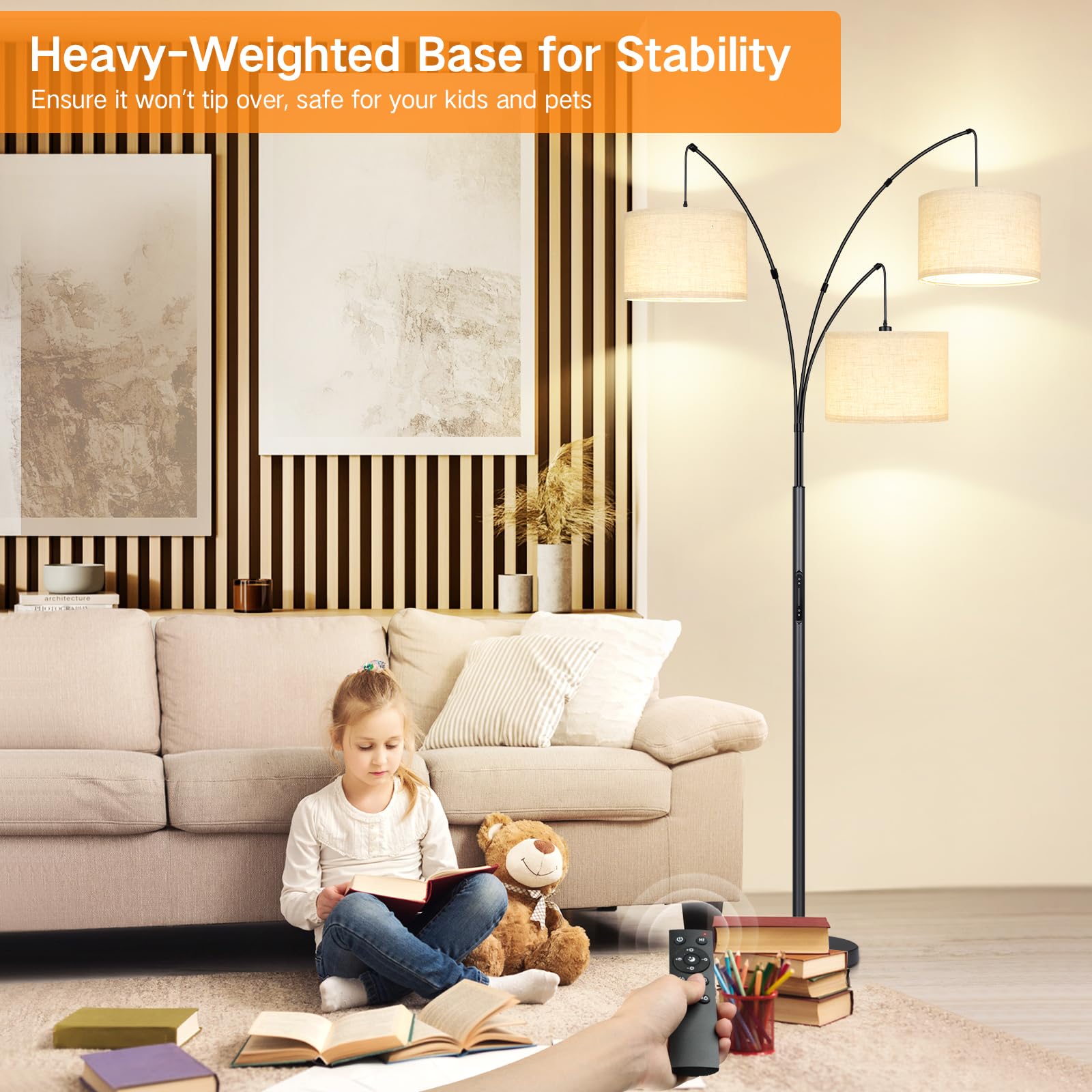 Arc Led Floor Lamp, Modern Black 3 Light Arched Tall Floor Lamp for Bedroom, 2400lm Mid Century Adjustable Standing Corner Lamps for Living Room Office, 3 LED Bulbs Included, Beige Lampshade