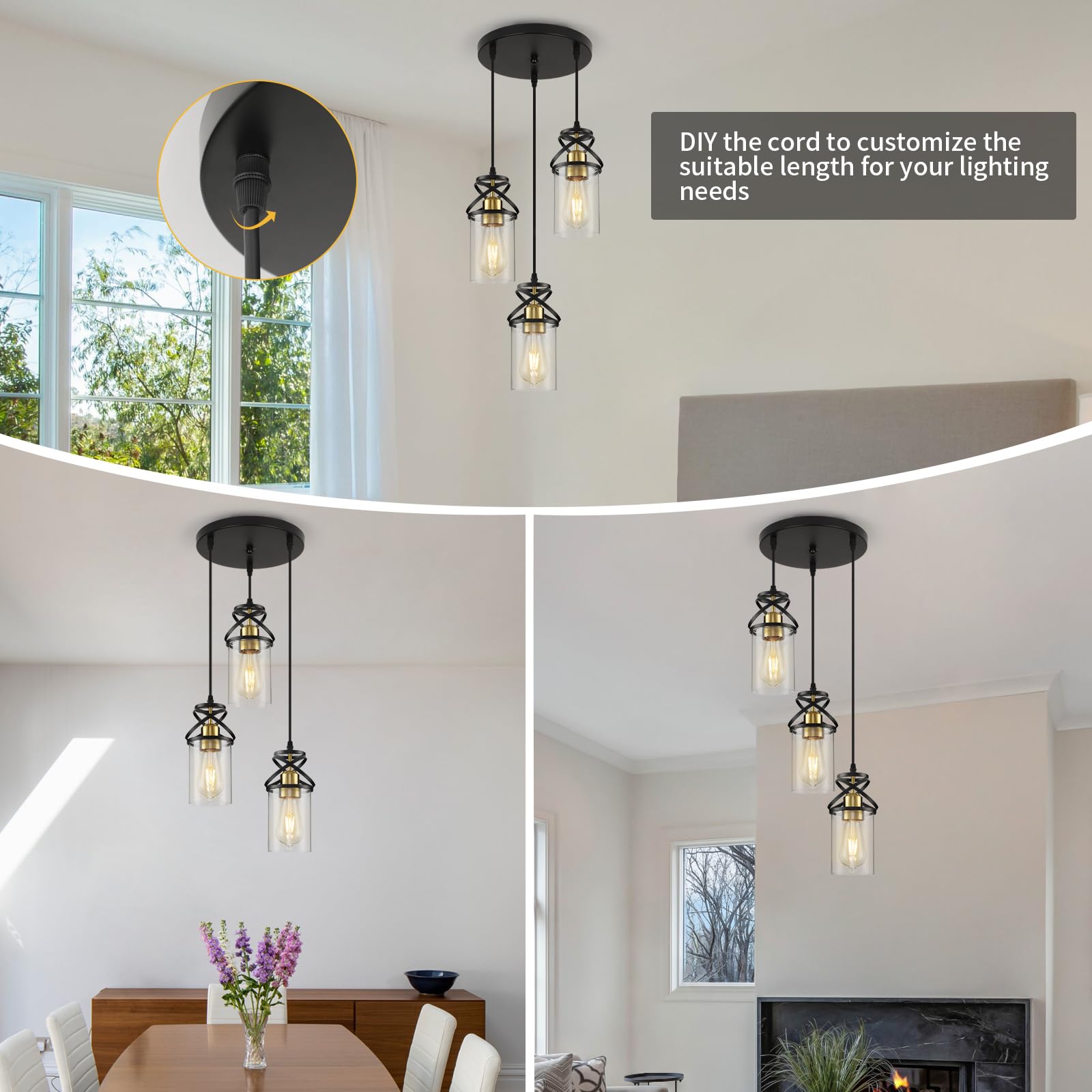 Modern Pendant Light Fixture Farmhouse Hanging Light with Clear Glass Shade, Industrial Black and Gold Pendant Lighting for Kitchen Island Dining Room Bedroom