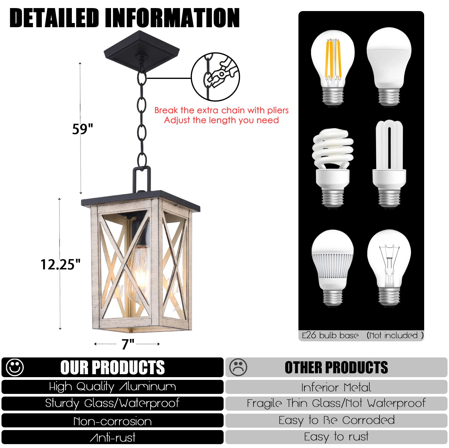 Outdoor Pendant Light Exterior Hanging Lantern Porch Pendant Lights, Light Wood Grain with Glass 1-Light Lamp for for Porch, Patio, Entryway