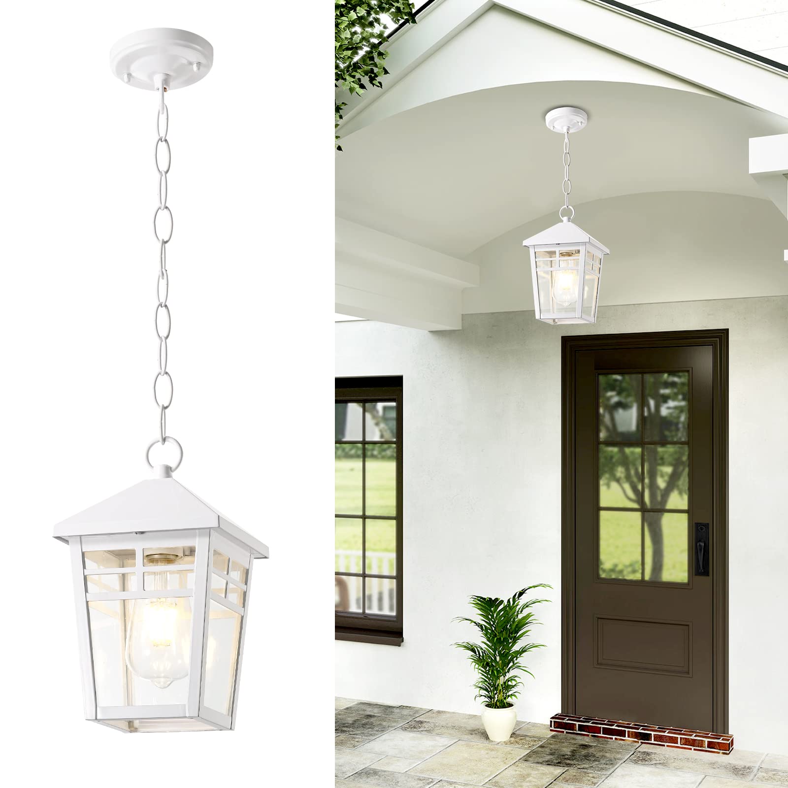 Outdoor Pendant Light Fixture, White Outdoor Hanging Porch Light Waterproof, Exterior Hanging Lantern with Seeded Glass and Adjustable Chain for Porch Entryway Doorway