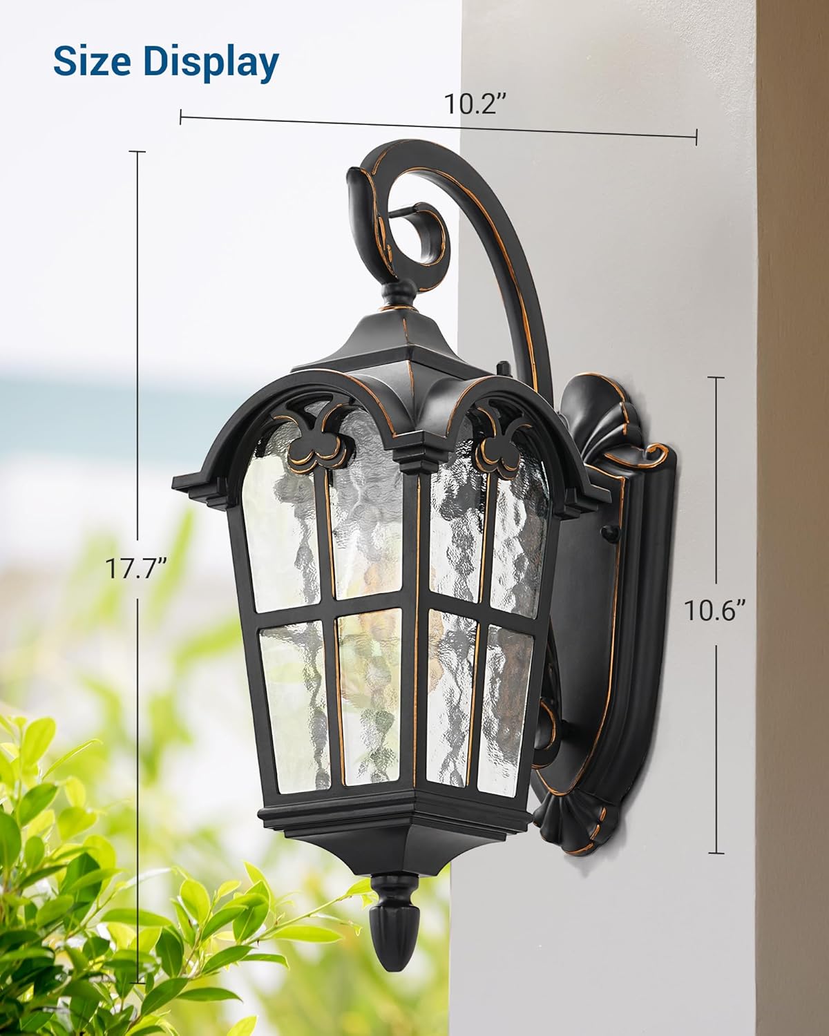 Outdoor Wall Light Fixtures Wall Mount, Black Roman 17.7" H Exterior Wall Lantern, Anti-Rust & Waterproof, Water Ripple Glass, Outside Wall Sconce Porch Light for House, Garage