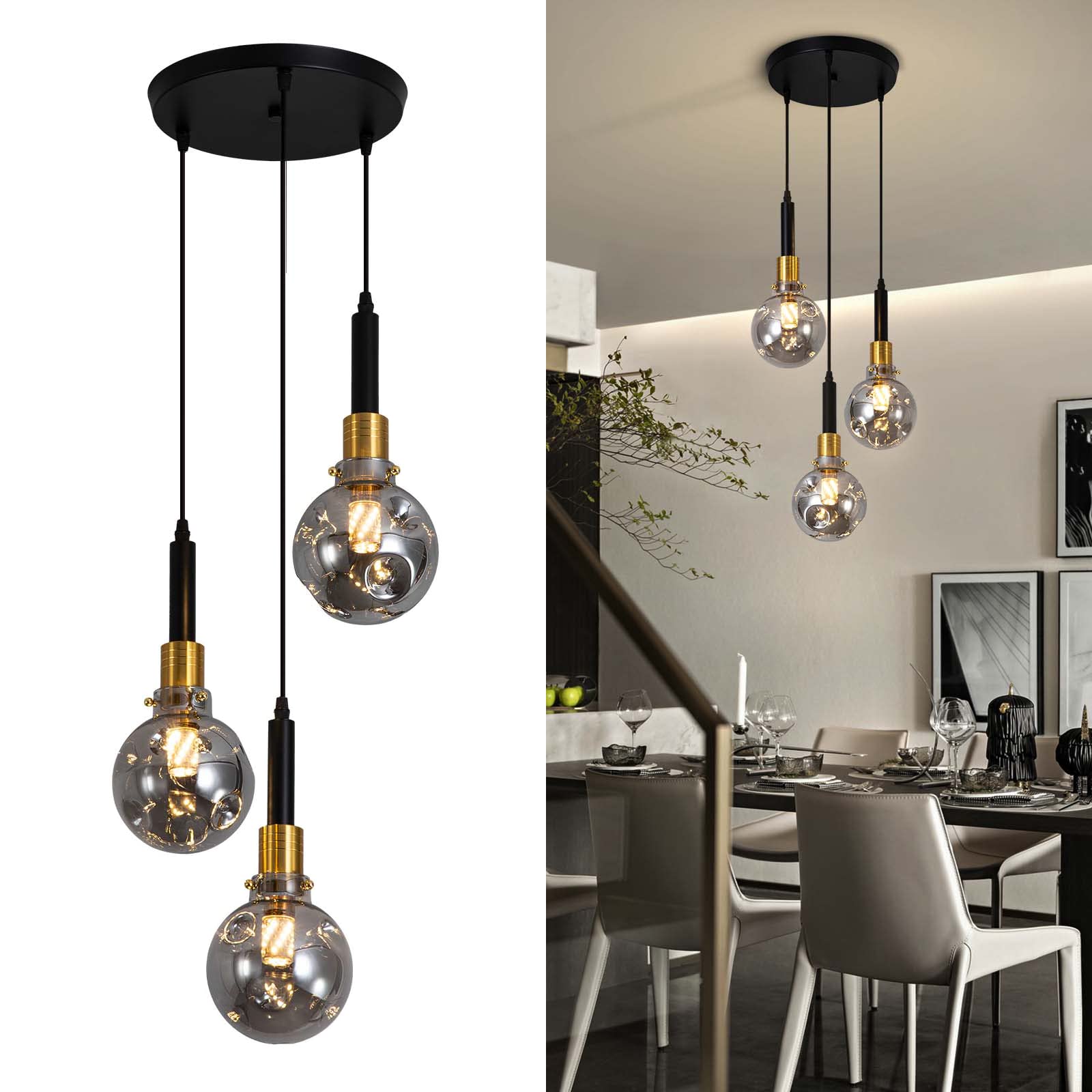 Vintage 3-Light Pendant Light, Modern Adjustable Hanging Light Fixture with Smoke Grey Glass Shade, E26 Base, Farmhouse Pendant Lamp for Kitchen Dining Room, Black and Gold