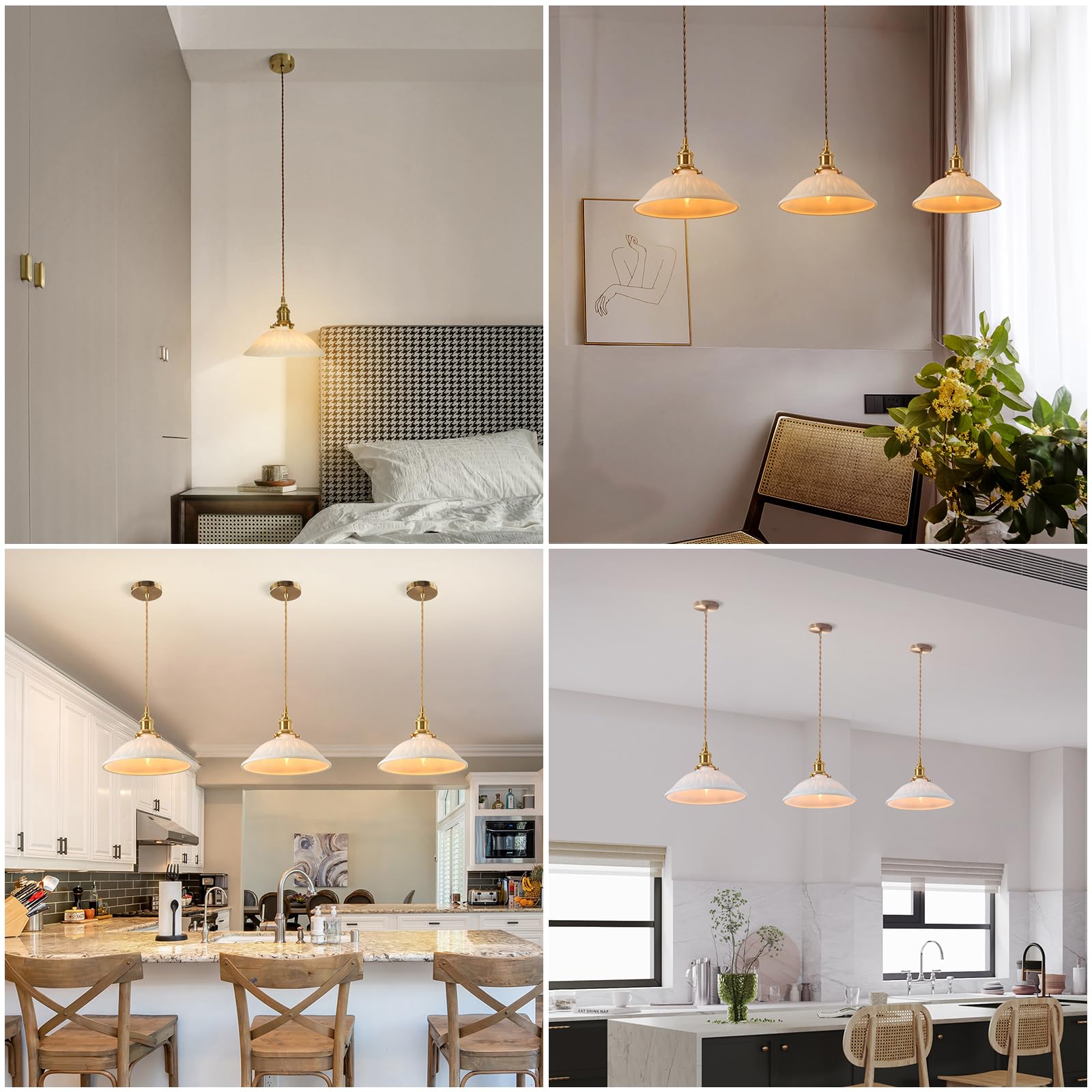 Pendant Light with White Pleated Ceramic Lmapshade, Brass Vintage Pendant Light Adjustable Hanging Light for Kitchen Island Dining Room Hallway 7.87 Inch Diam