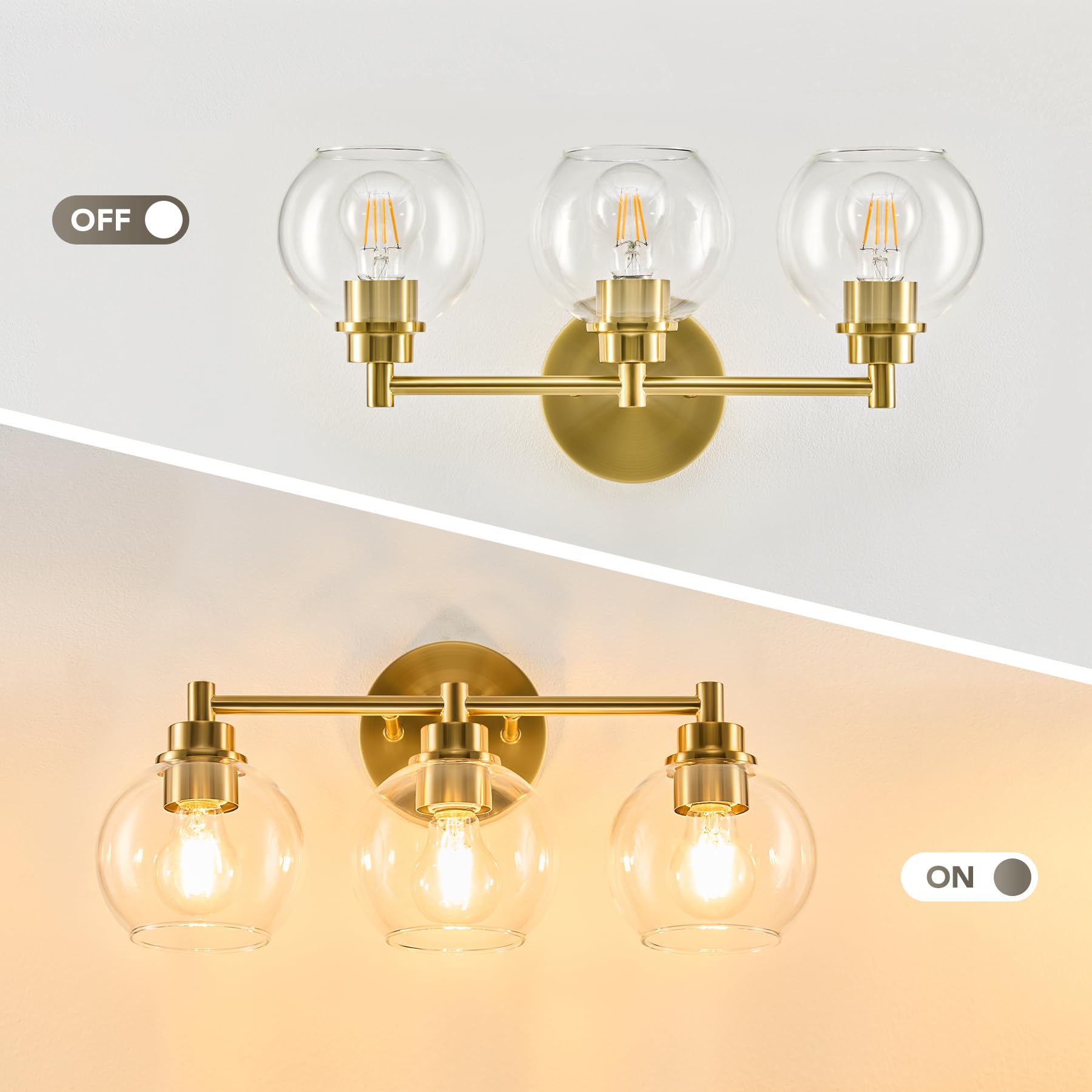 Bathroom Light Fixtures, 2-Light Bathroom Vanity Light with Globe Glass Shades E26 Sockets, Bathroom Lights Over Mirror for Bedroom Hallway Living Room, Gold Finish