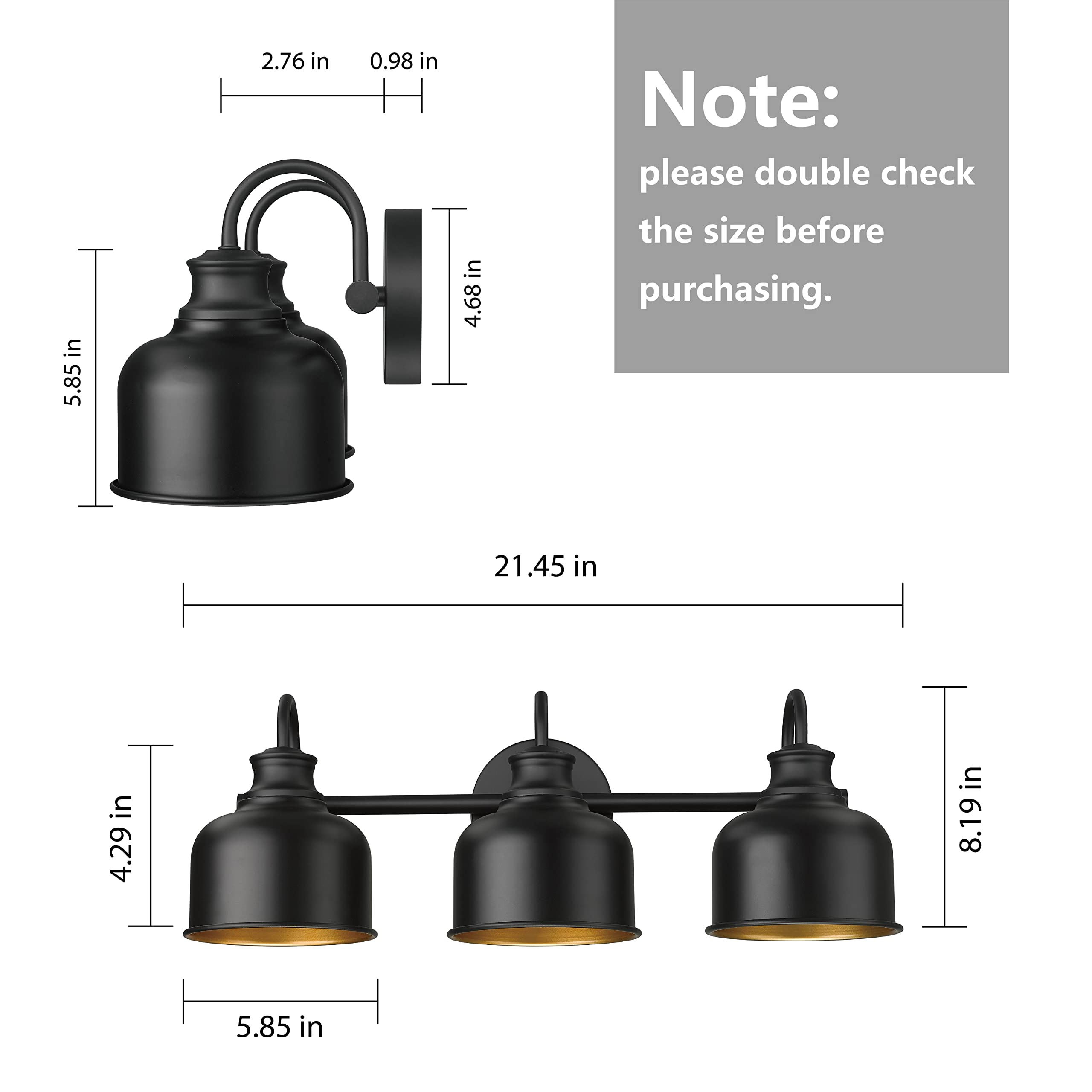 Bathroom 3-Light Vanity Fixture Farmhouse Wall Sconce Barn Lights with Matte Black Metal Shade Exterior Wall Lighting Fixture Industrial Wall Lights for Bedroom,Kitchen, Living Room,Hallway