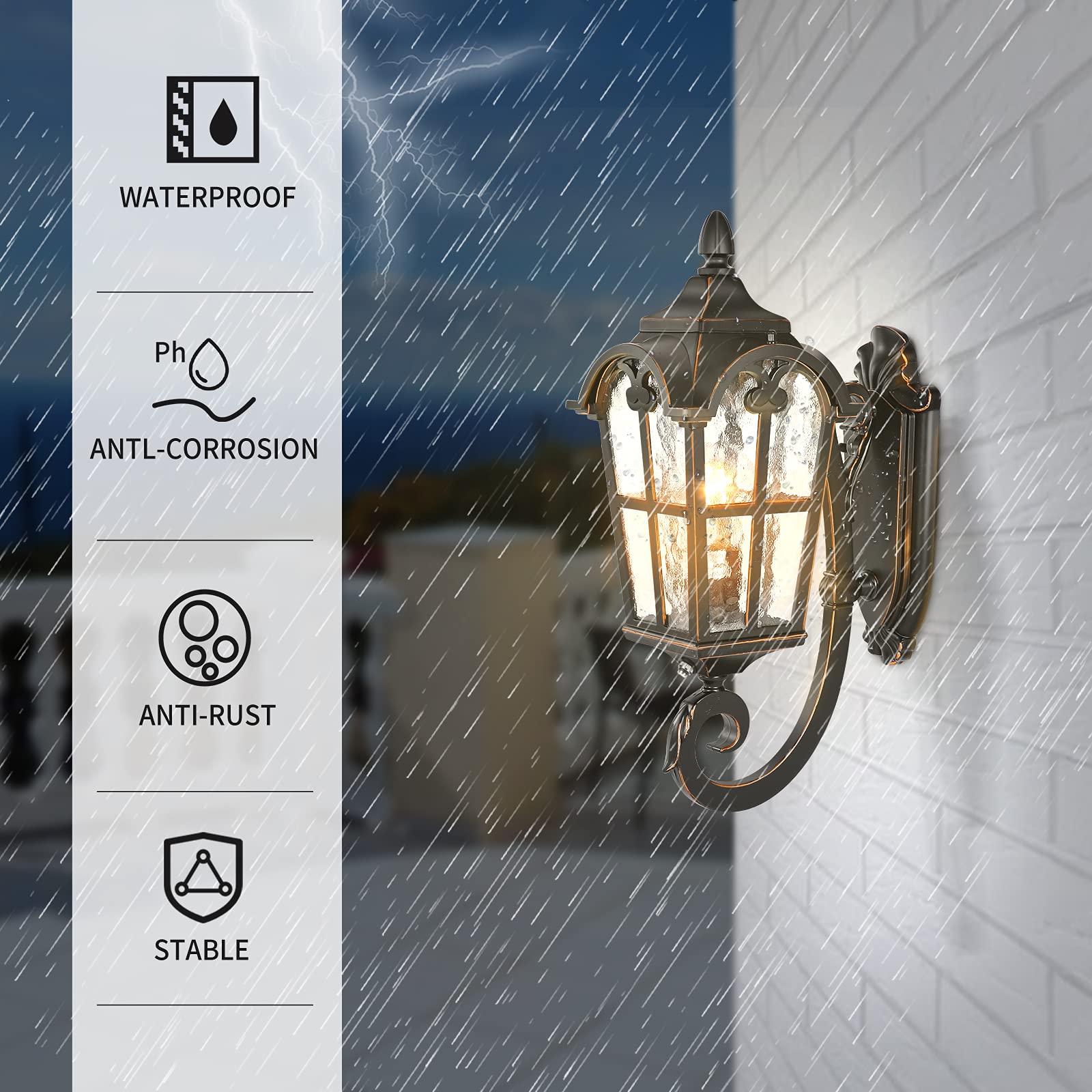 PARTPHONER Outdoor Wall Light Fixtures Black Roman 17.71" H Exterior Wall Lantern Waterproof Sconce Porch Lights Wall Mount with Water Glass Shade for House