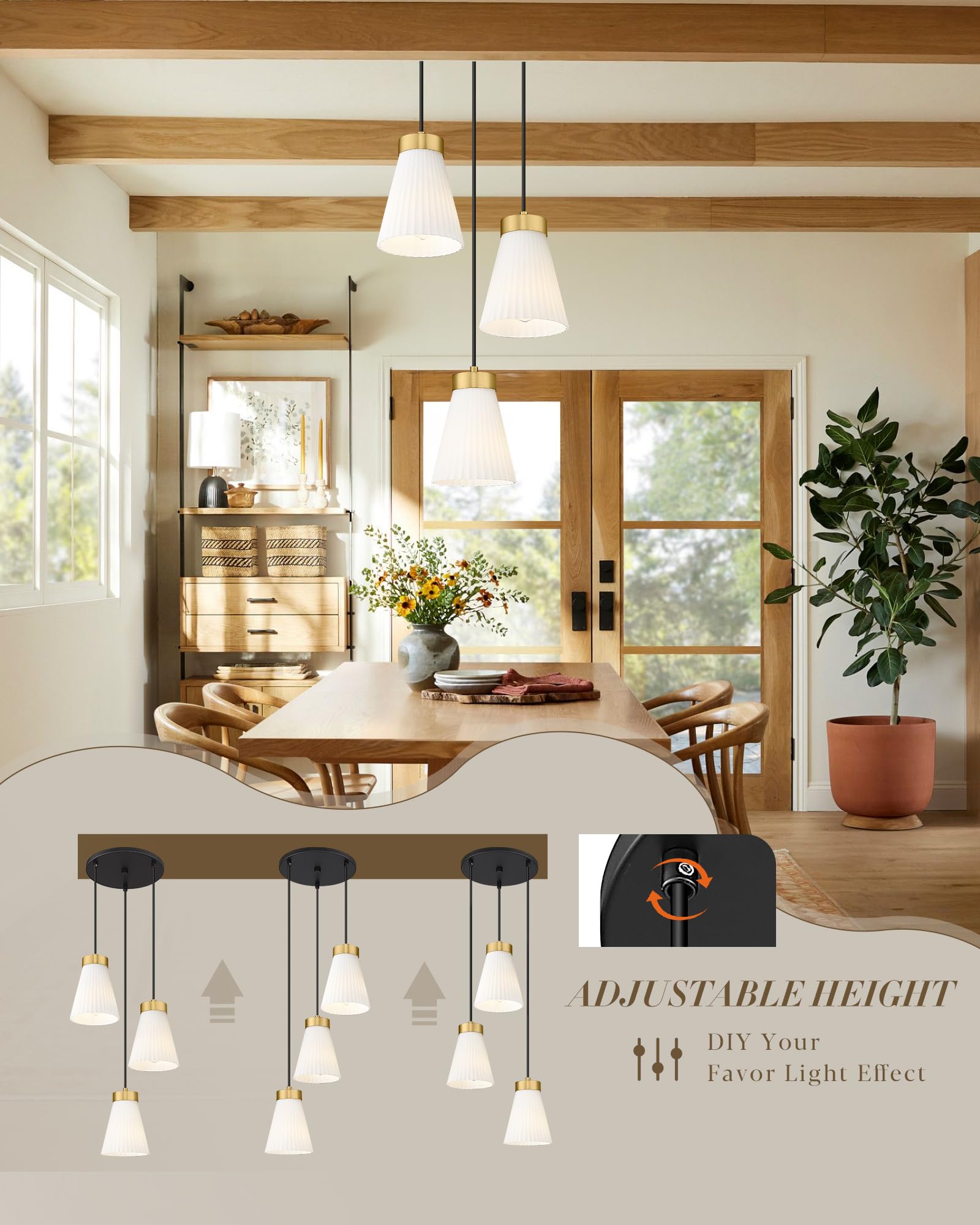 3-Light Pendant Lighting, HWH Modern Glass Pendant Lights Kitchen Island 3-Cluster, Adjustable Hanging Light Fixture Black Gold Finish Frosted Milk White Shade, 5HZG97-3 BK+BG