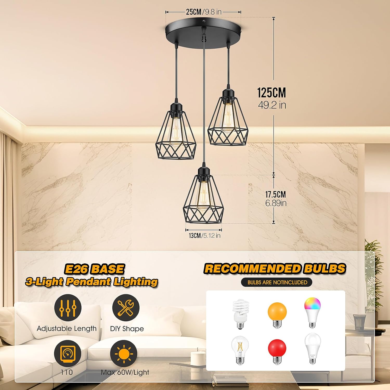 Industrial 3-Light Pendant Light Fixtures, Adjustable Farmhouse Hanging Pendant Lighting for Kitchen Island, E26 Base, Black Metal Cage Pendant Ceiling Lamp for Dining Room Kitchen