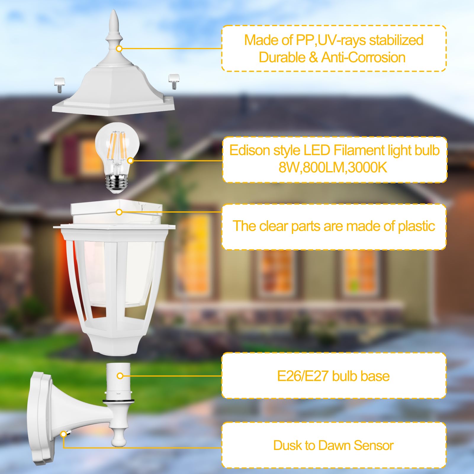 Outdoor Wall Light Dusk to Dawn, Porch Sensor Light White Plastic Anti-Corrosion with LED Edison Filament Bulb, Exterior Mount Lantern for House, Garage (1-Pack), FDS2542PS-W