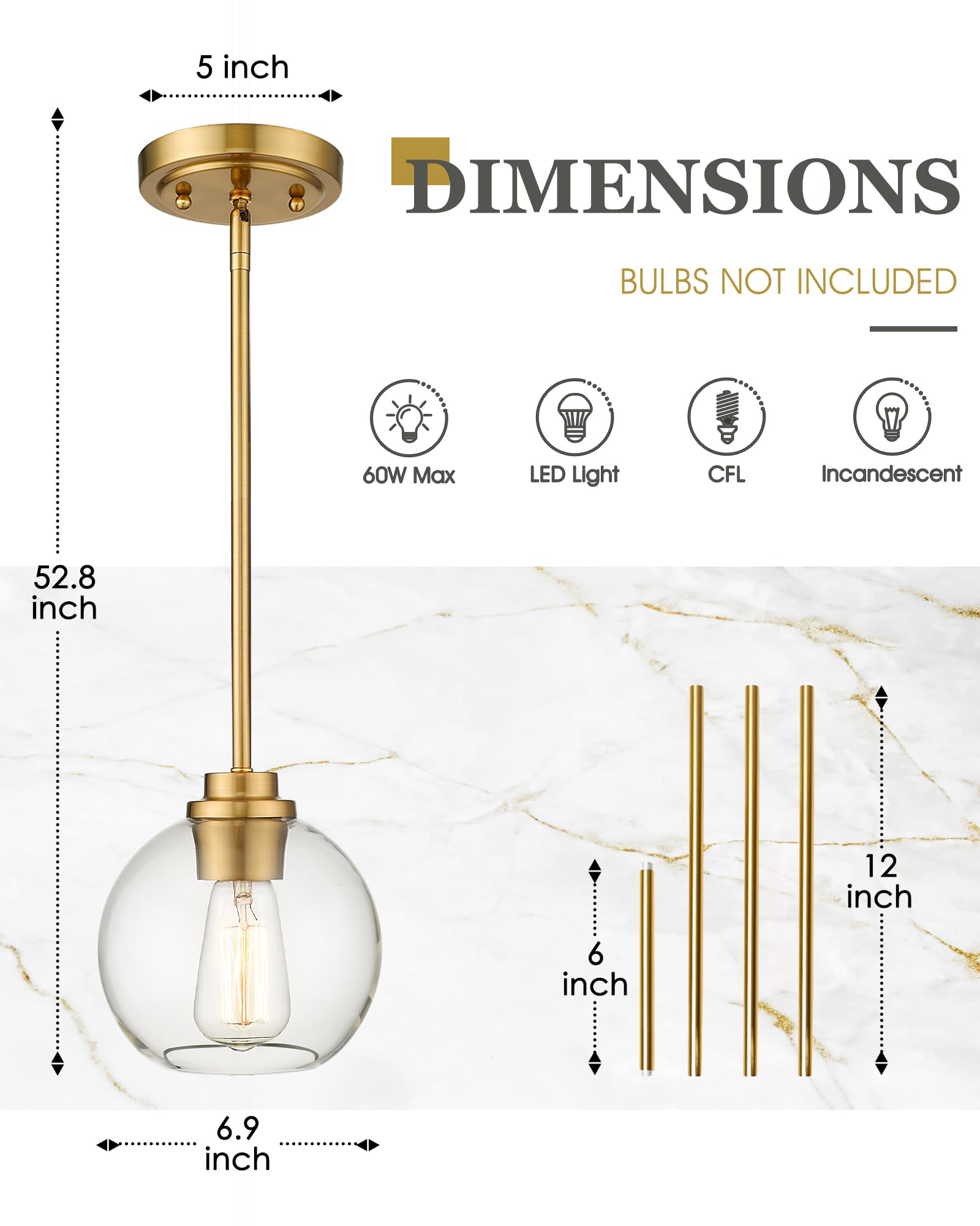 Brass Pendant Lights Kitchen Island 2 Pack, Farmhouse Gold Pendant Light with Clear Glass Globe Shade, Kitchen Island Lighting for Dining Room Entryway, AD-22280-1P2-GD-C