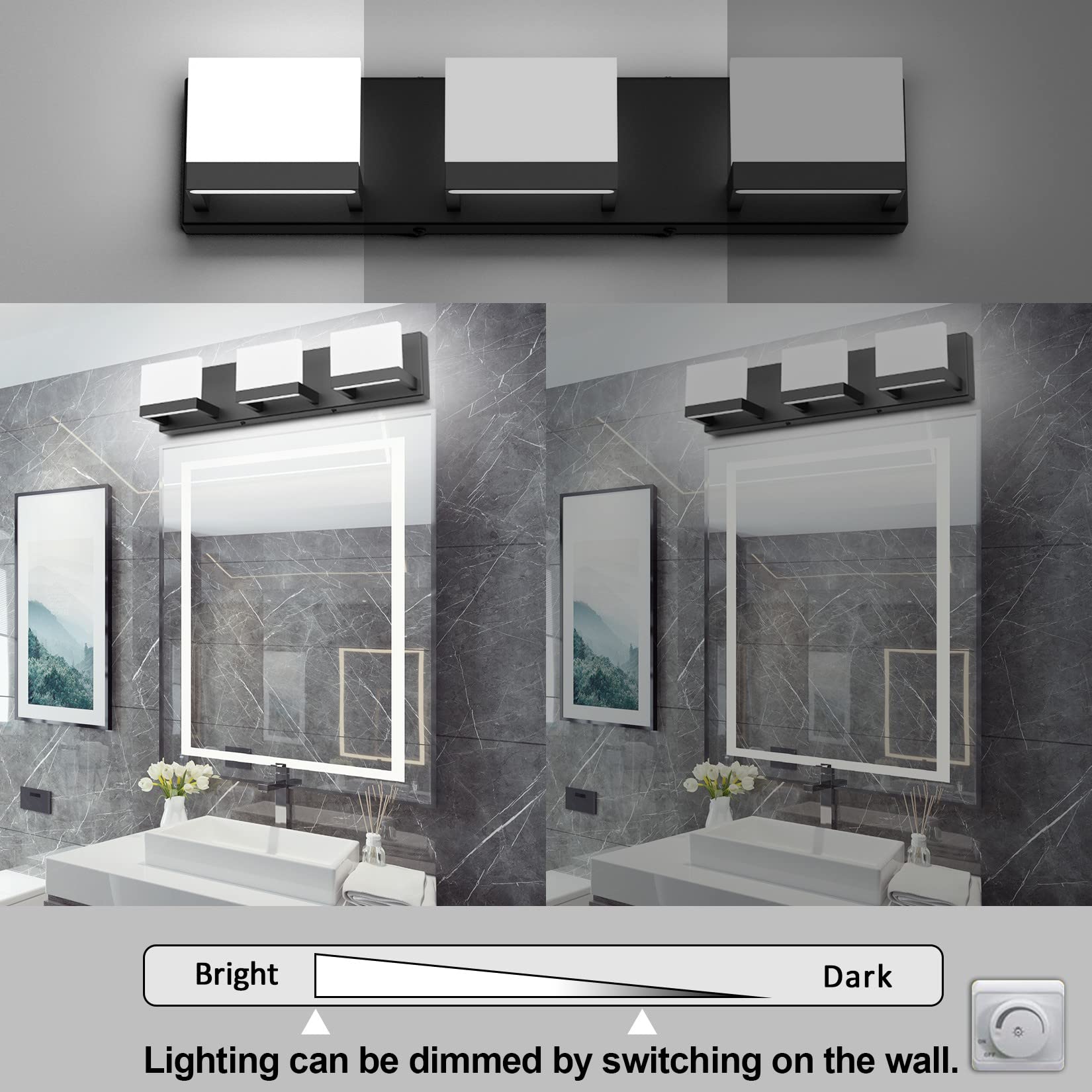 Black LED Vanity Lighting Fixture Modern 3 Lights Vanity Lights for Bathroom Black Bathroom Wall Light Fixtures 6000K