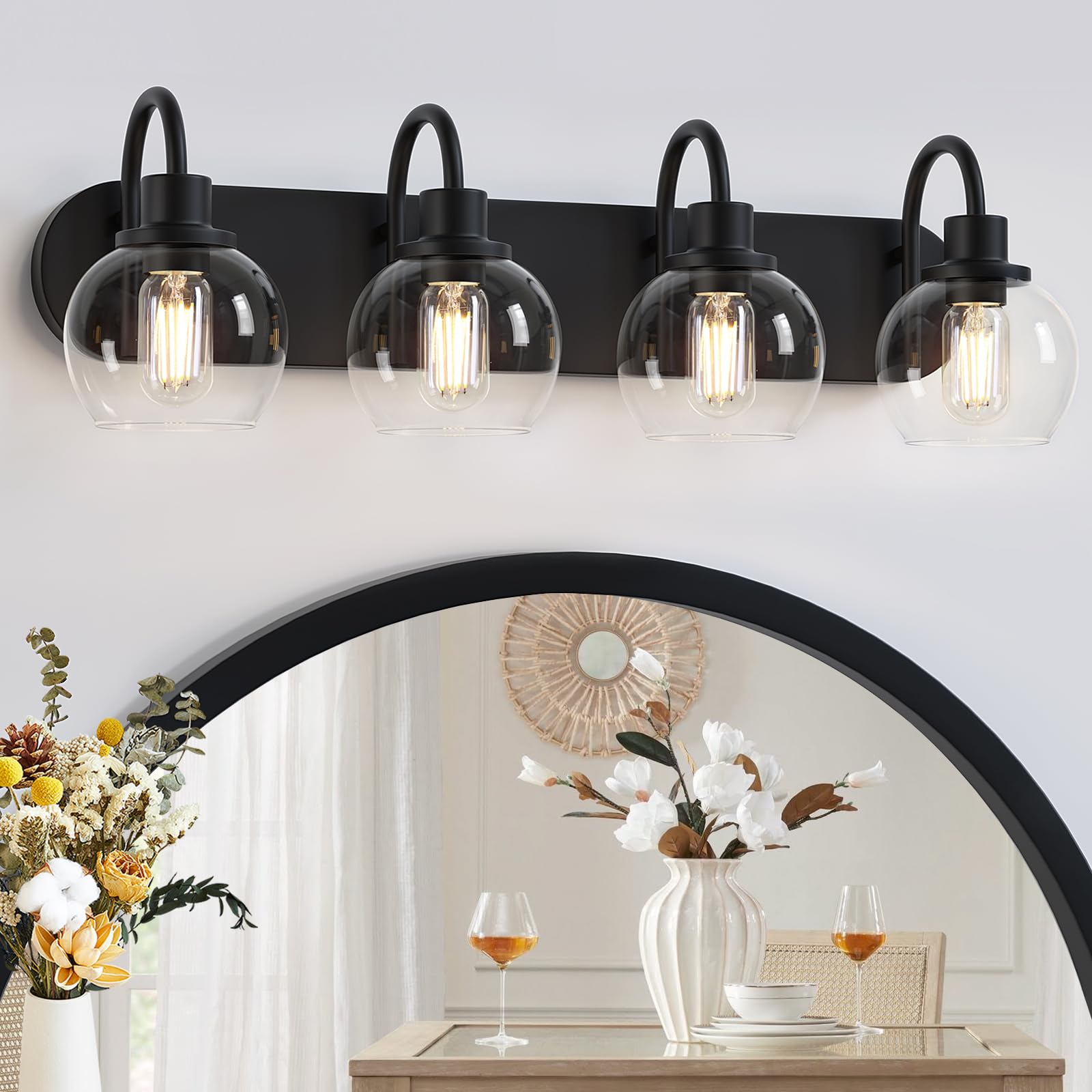 Industrial Bathroom Vanity Light， 4-Light Bathroom Lights Over Mirror with Clear Glass Globe Shade and Metal Base, Matte Black Bathroom Vanity Light Fixture