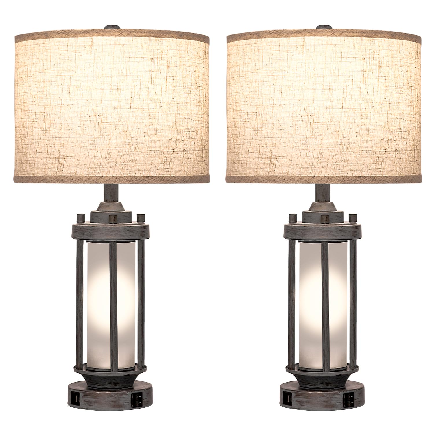 Set of 2 Farmhouse Table Lamp for Living Room Bedroom Bedside, Vintage Rustic Nightstand Lamps with USB C+A Charging Ports, Vintage Gray Frosted Glass Night Light, Include 2 Bulbs (Bronze)