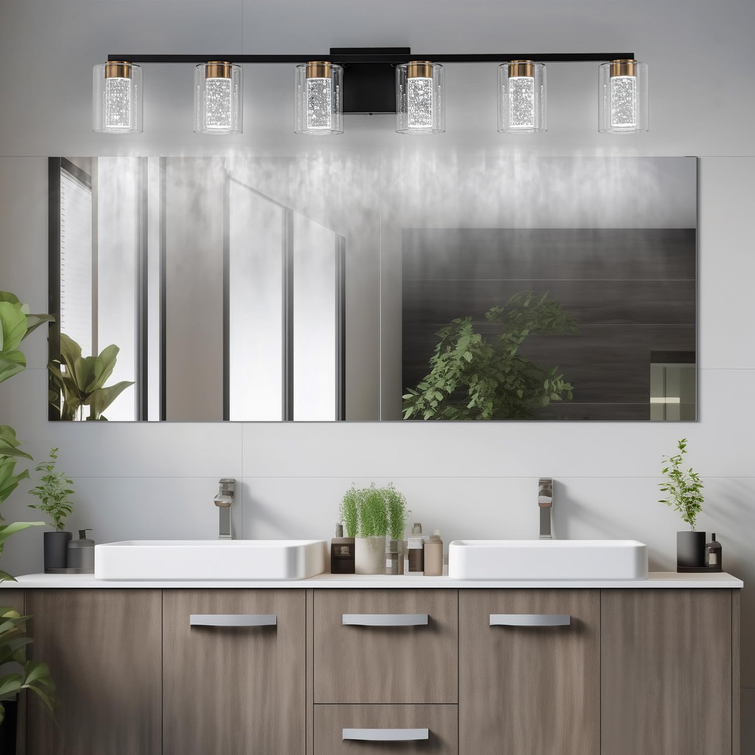 2-Light Brushed Nickel Vanity Light with 3 Color Modes (3000K/4000K/6000K), Eye Protection LED Bathroom Light Fixture, Dimmable Modern Wall Light Over Mirror with Clear Glass Shade