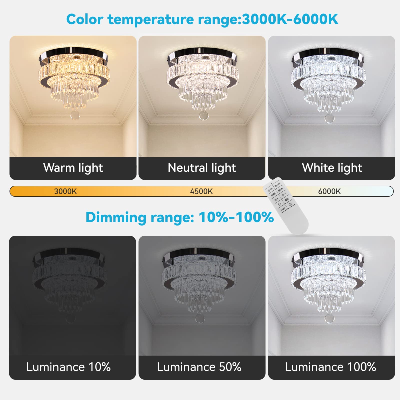 11.8" Crystal Chandelier LED Crystal Flush Mount Ceiling Light Modern Crystal Chandeliers for Bedrooms Dining Room Hallway (6500K Cool White) Without Remote Control