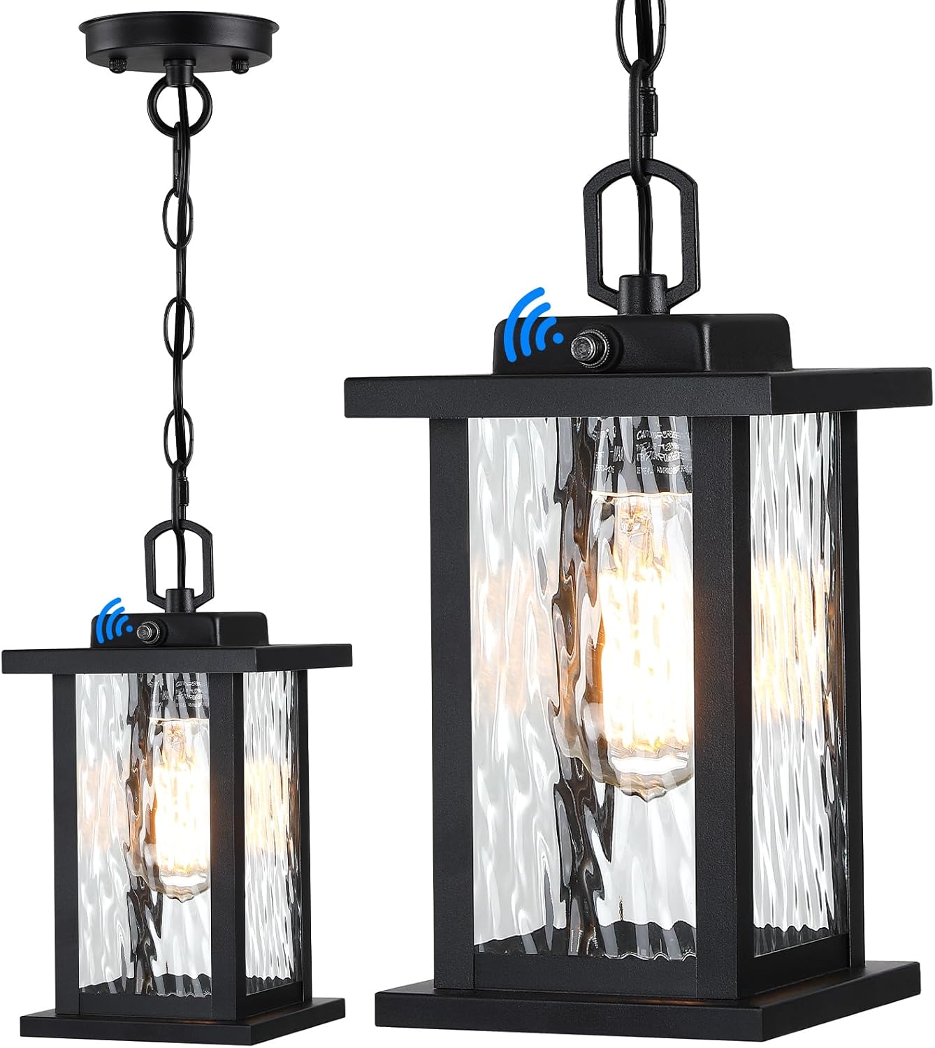 Outdoor Hanging Light, 11.8" Modern Exterior Pendant Light Fixture for Front Porch, Black Outdoor Patio Lighting with Tempered Seeded Glass, Anti-Rust Adjustable Chain Outdoor Chandelier Lantern