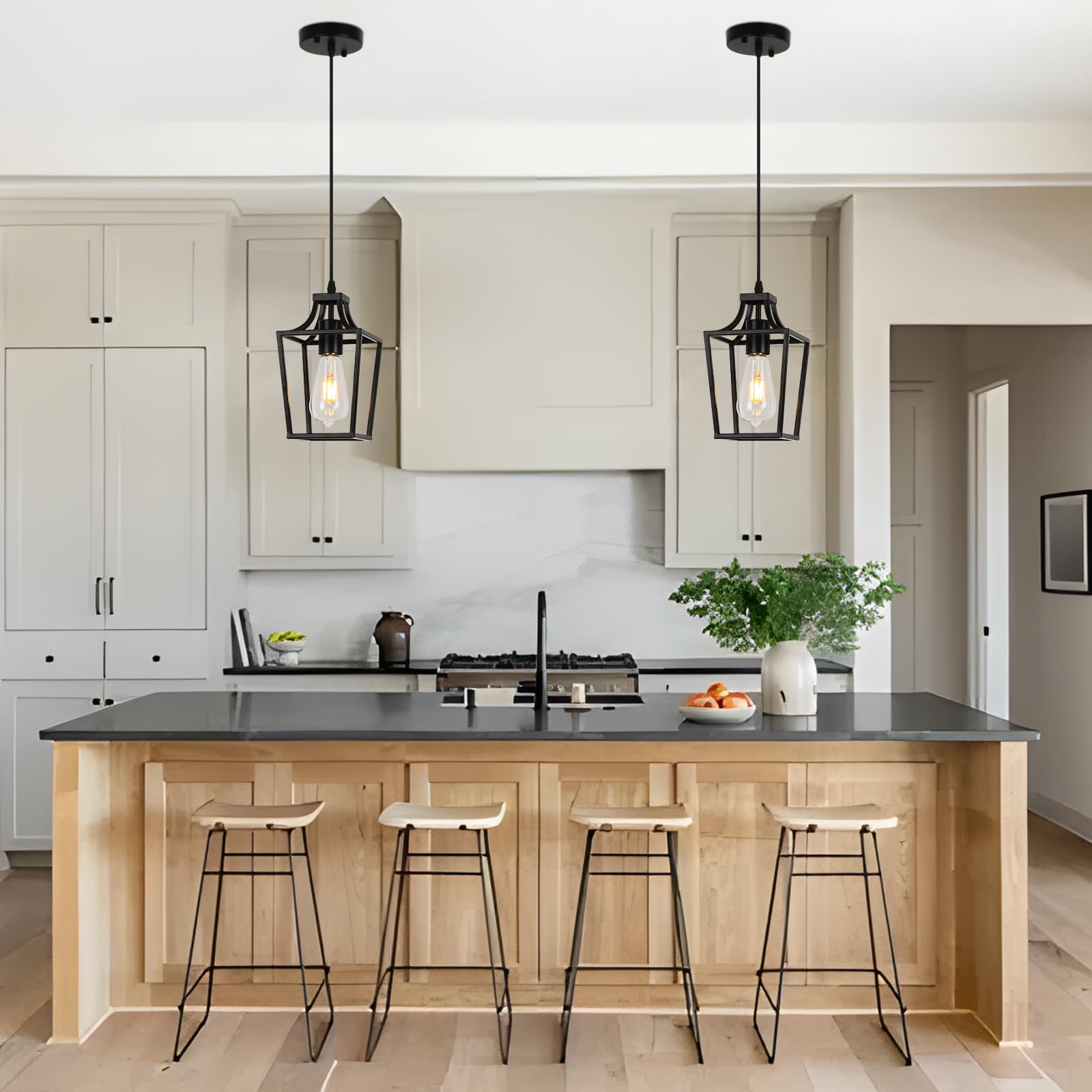 Farmhouse Kitchen Island Lighting Black Pendant Light Fixtures 4-Light Dining Room Lights Wood Chandelier Adjustable Hanging Pendant Lighting for Kitchen Island