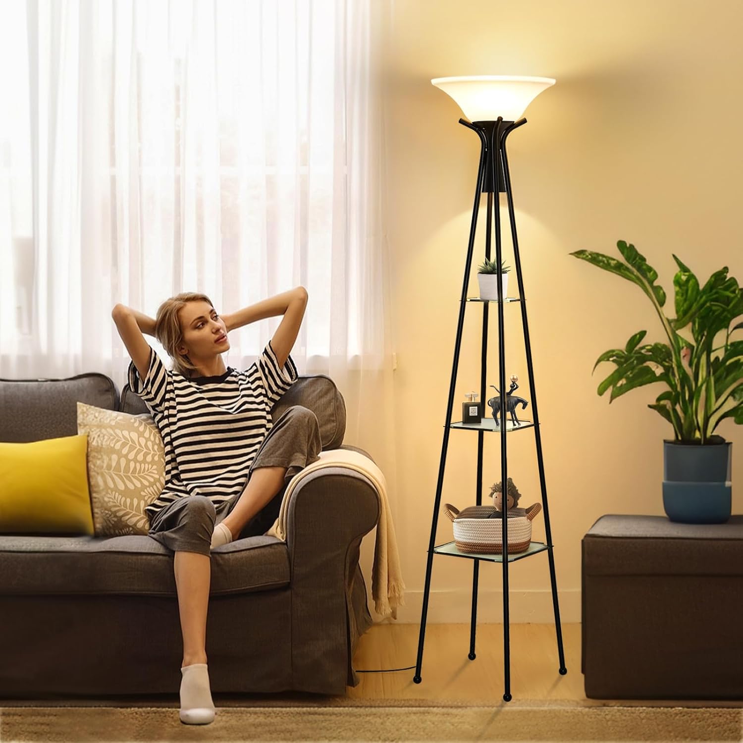 Floor Lamp with Shelves, 69” Tall Shelf Lamp, 3-Tier Modern Shelf Floor Lamp, Floor Lamps for Living Room, Bedroom, Home Office, Standing Lamp with 8W Bulb, Black & White