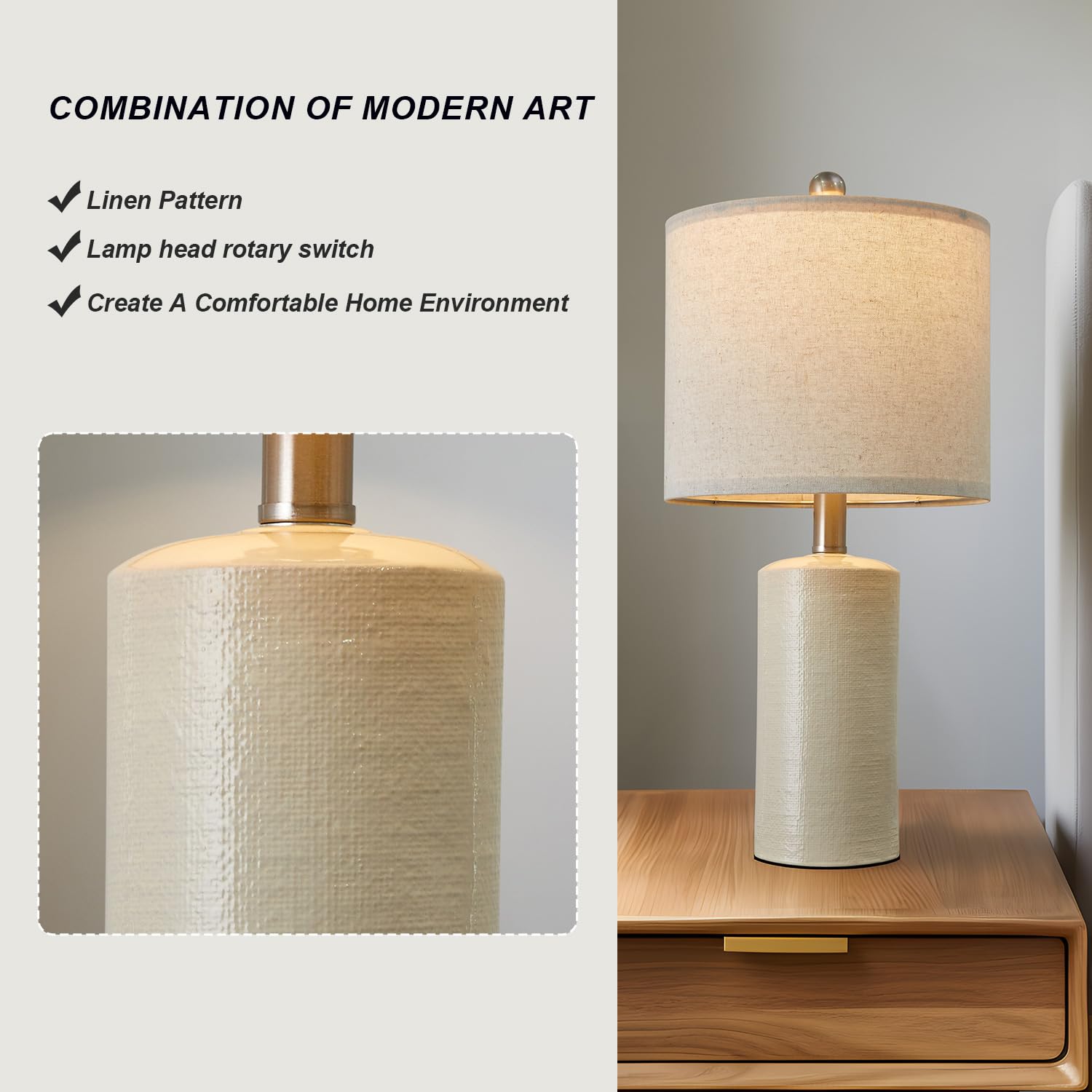 20.25" Small Single Table Lamp for Bedroom Modern Ceramic Nightstand Lamp Farmhouse Bedside Lamp Boho Living Room Lamp White Side Table Lamp End Table Lamp