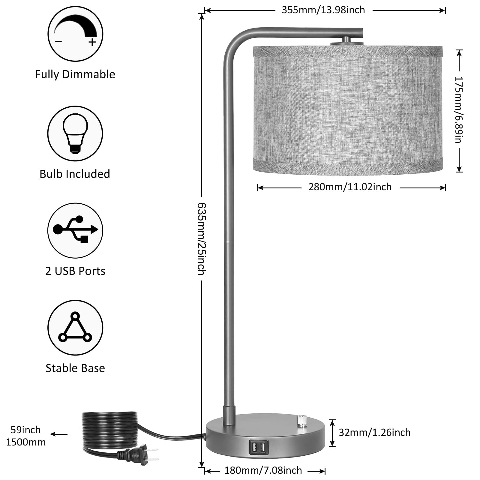 USB Bedside Lamp, Industrial Side Table Lamp with Dual USB Charging Ports, Fully Dimmable Nightstand Lamp, Tall Reading Lamp Desk Lamp for Bedroom, Living Room, Office, 9W LED Bulb Included