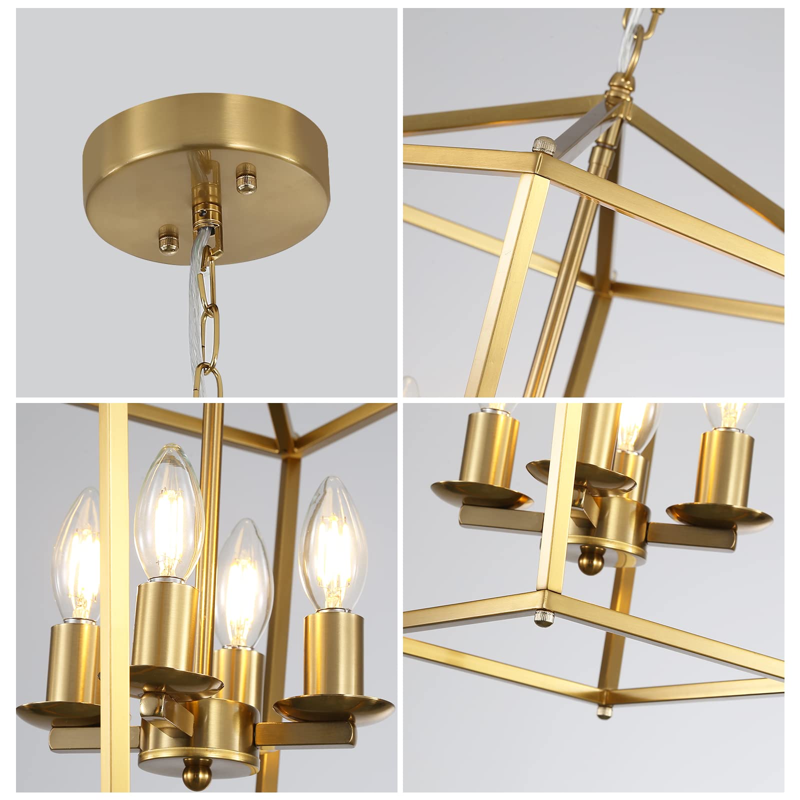 Gold Pendant Light for Dining Room, Lantern Chandelier Light Fixture 4 Lights for Kitchen Island Adjustable Brass Geometric Hanging Light for Foyer Entryway