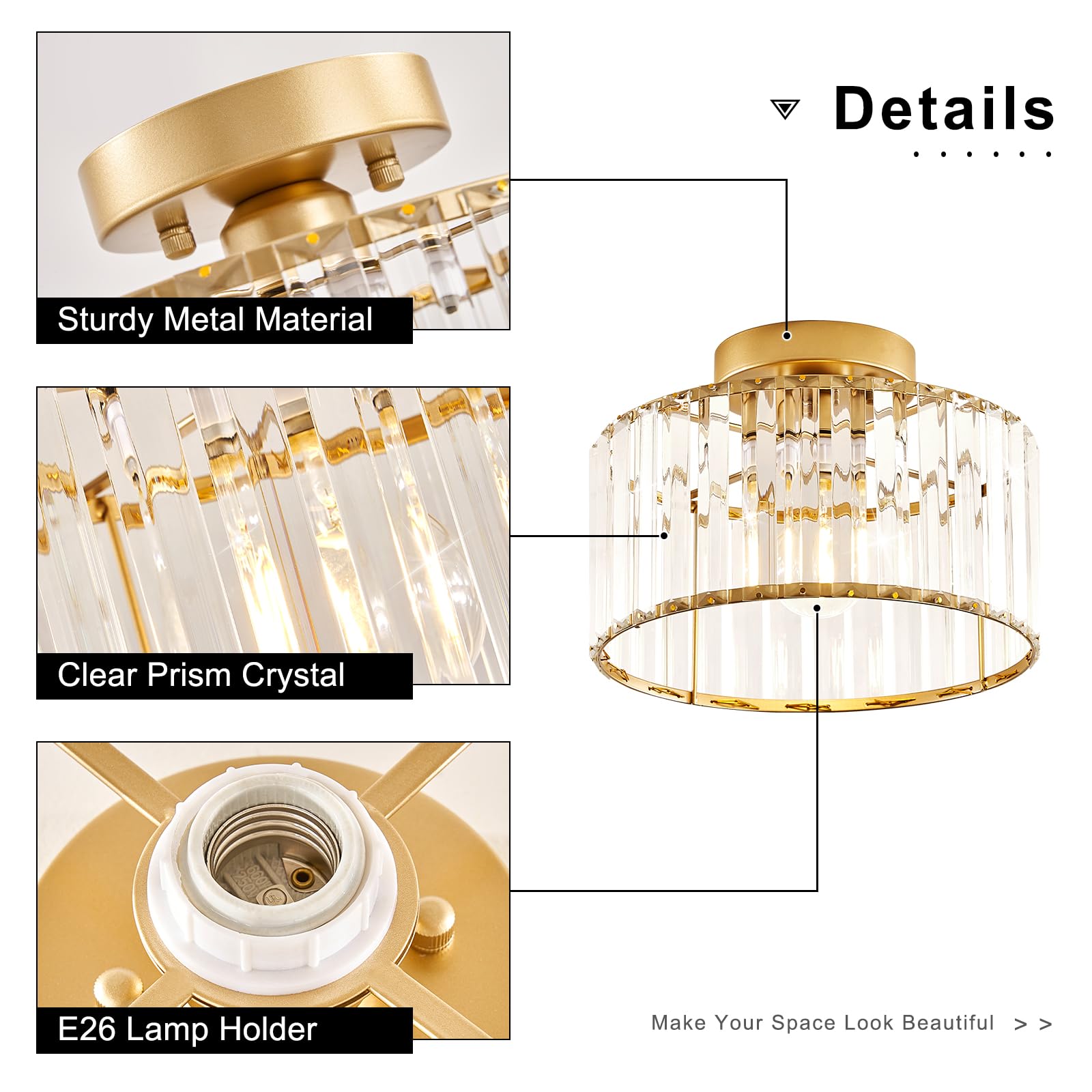 Modern Gold Semi Flush Mount Ceiling Light Crystal Hallway Light Fixture Metal Close to Ceiling Lamp for Kitchen Living Room Bathroom Entryway Bedroom