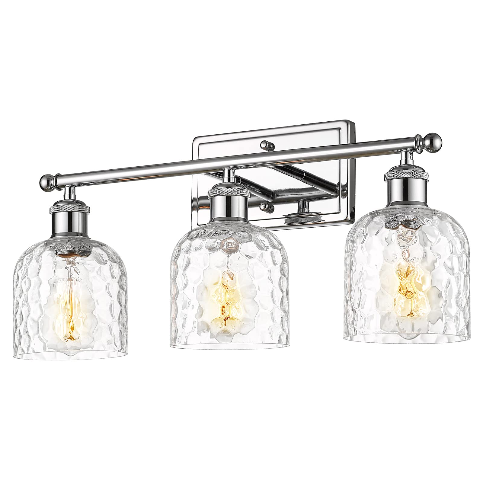 Modern Vanity Lights for Bathroom, Industrial 3-Light Chrome Bathroom Lights with Hammered Glass Shade, ZJF63B-3W CH