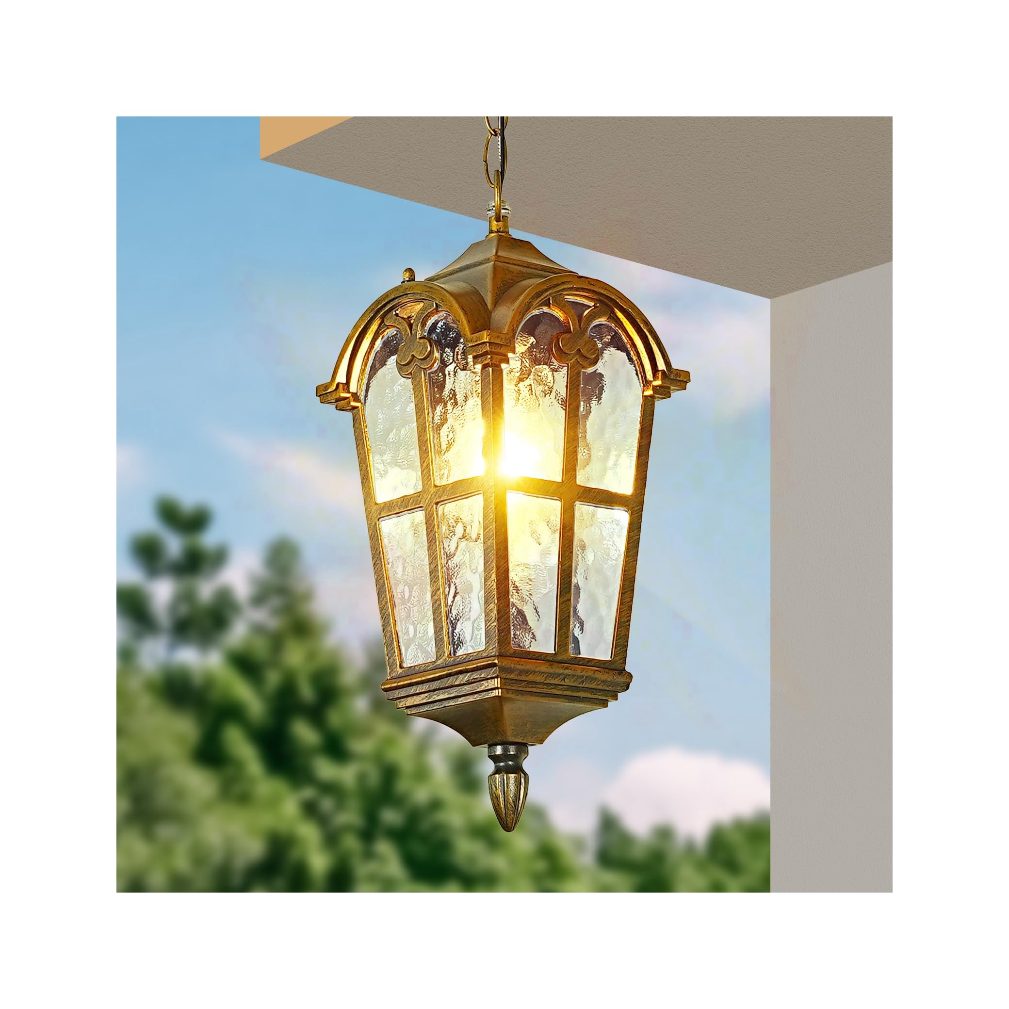 Gold Outdoor Pendant Light fixtures for Patio Foyer Entryway, Anti-Rust Waterproof Exterior Hanging Porch Light with Crack Glass Adjustable Chain Aluminum Outside Ceiling Lights(1 Pack)