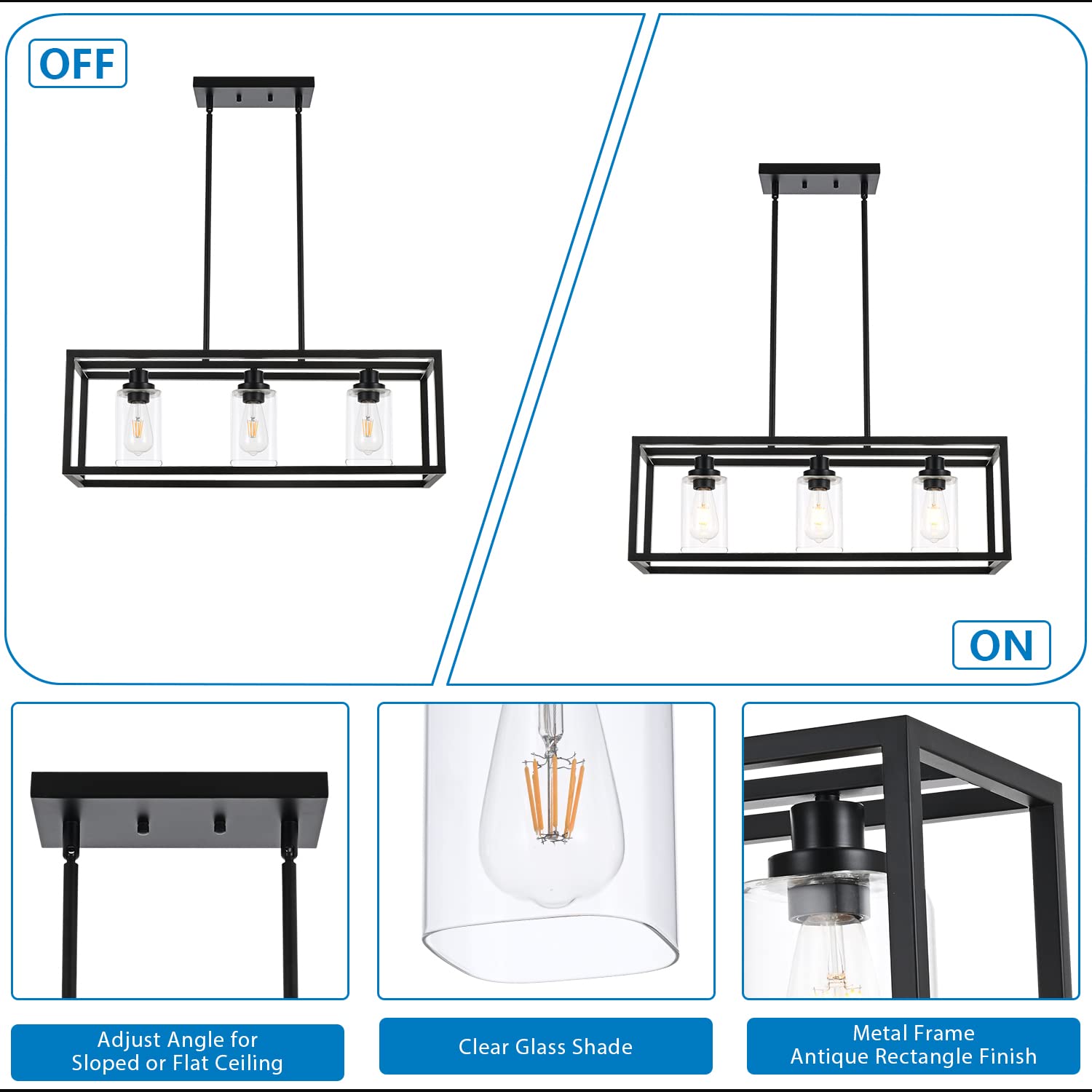 3 Light Kitchen Island Lighting Linear Chandelier Black Pendant Lighting with Rectangular Clear Glass Shade for Dining Room Bar Kitchen Pool Table, Adjustable Height