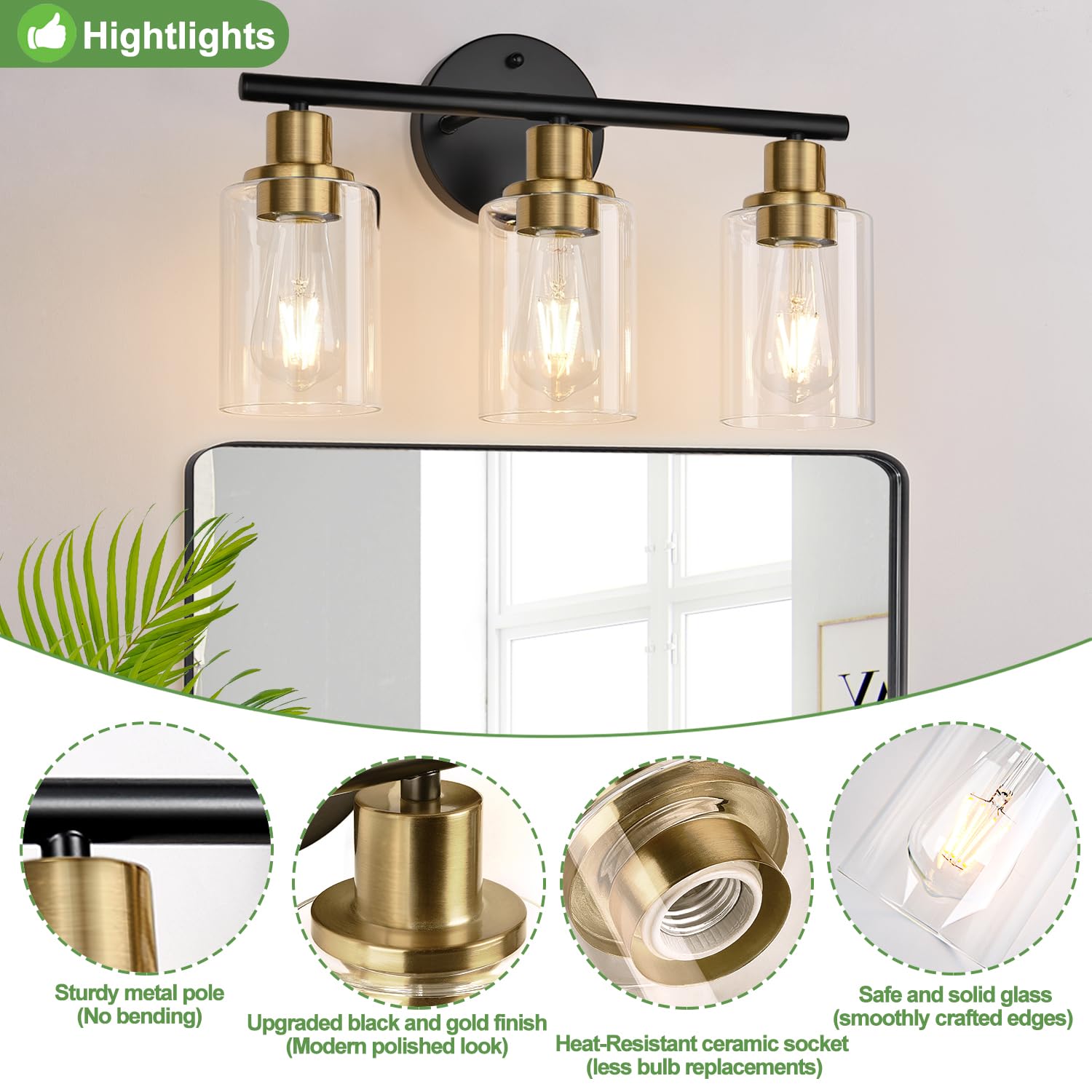 3-Light Bathroom Light Fixtures, Black Modern Vanity Lights with Clear Glass Shade, Bathroom Wall Lamp for Mirror Kitchen Living Room Hallway Cabinet Porch