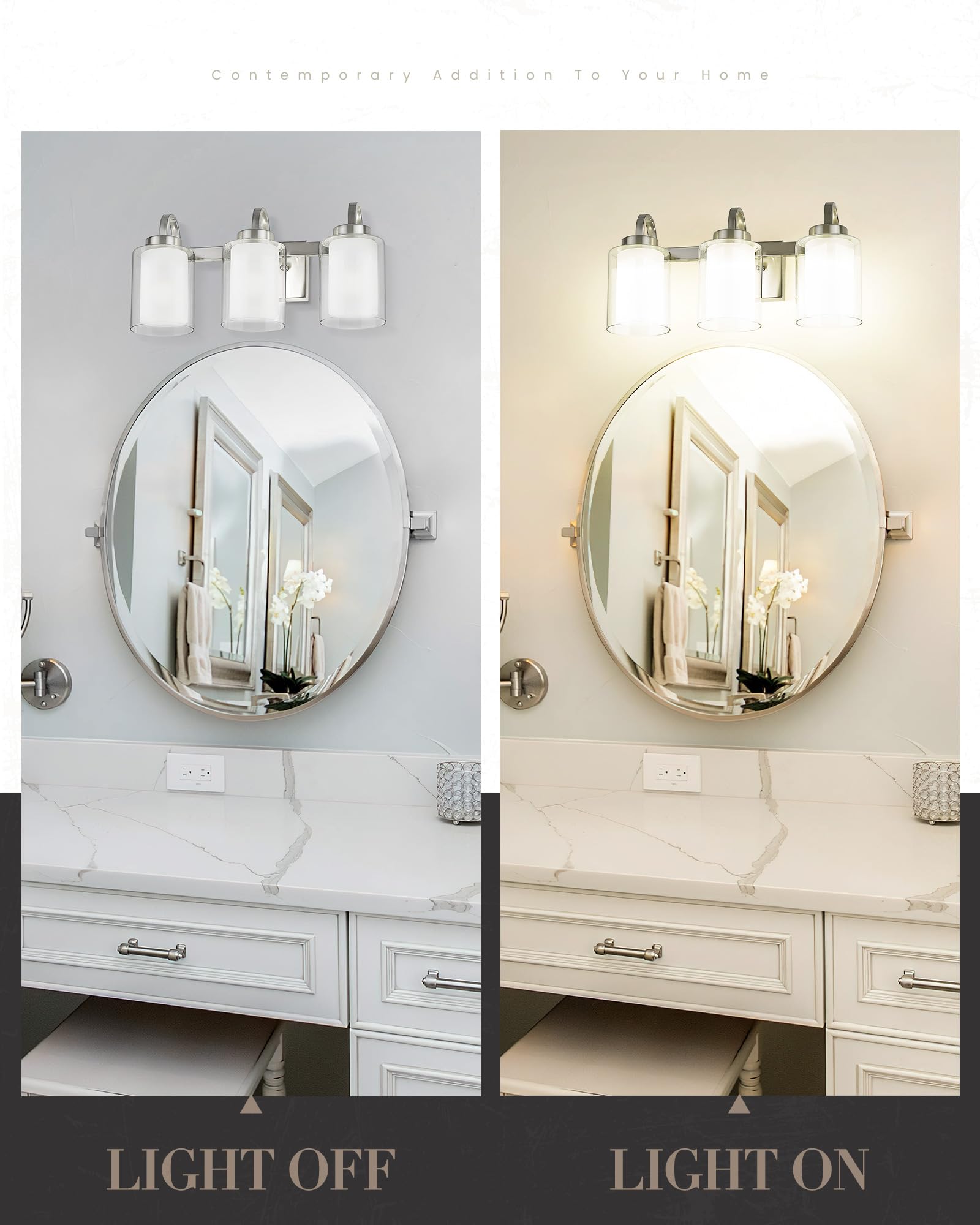 3-Light Bathroom Vanity Light, Brushed Nickel Vanity Light Over Mirror, Farmhouse Wall Sconces with Dual Glass Shade, Modern Wall Lamp for Bathroom Hallway Living Room