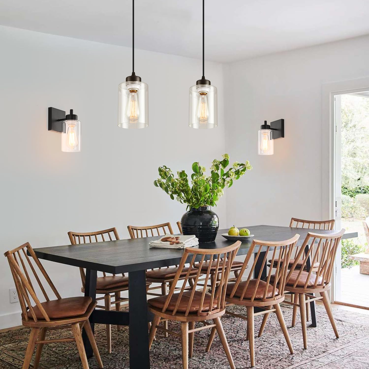 Modern Black Farmhouse Pendant Light with Clear Glass Shade,Industrial Pendant Lighting, Adjustable Hanging Light Fixtures, Farmhouse Pendant Lighting