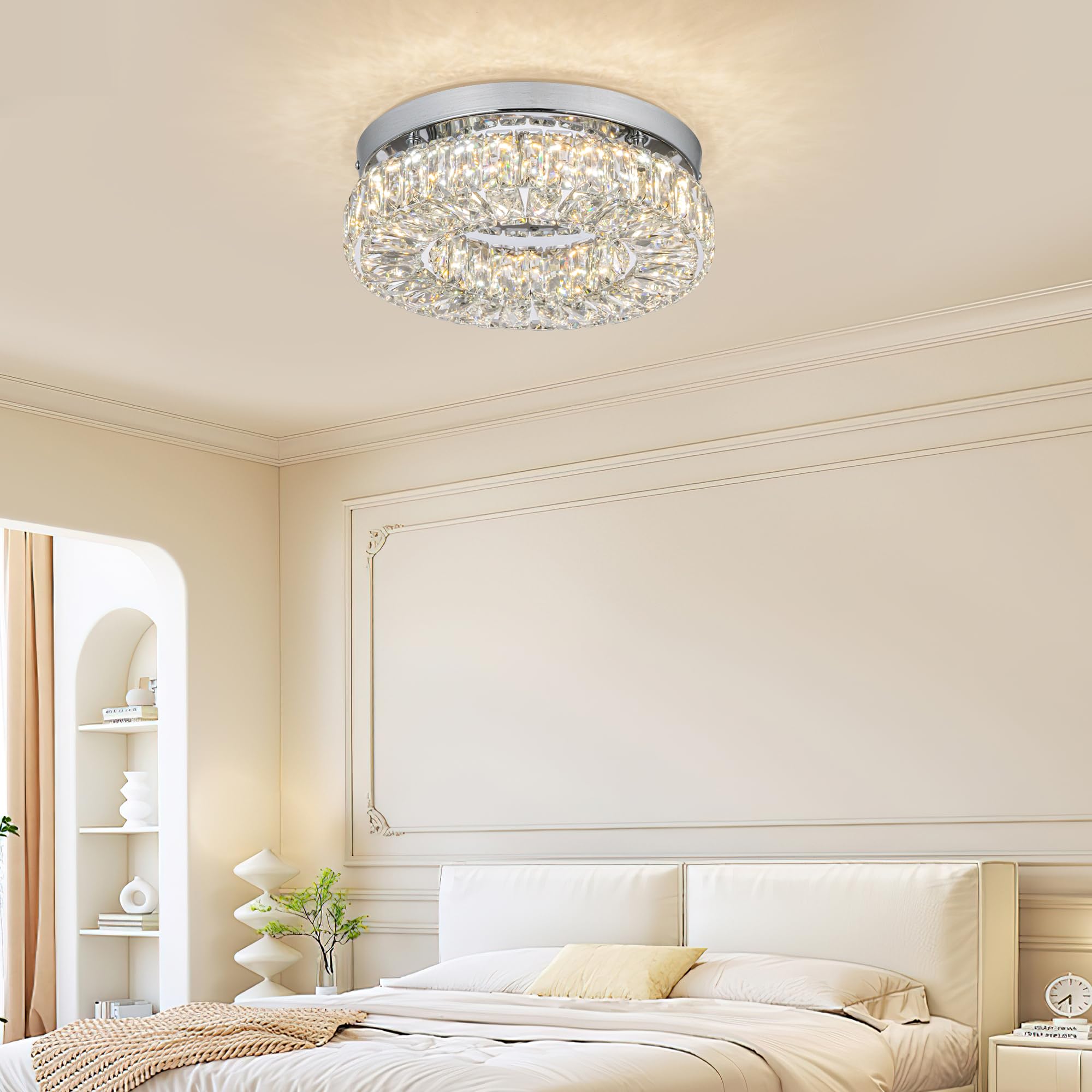 11.8" Crystal Chandelier LED Crystal Flush Mount Ceiling Light Modern Crystal Chandeliers for Bedrooms Dining Room Hallway (6500K Cool White) Without Remote Control