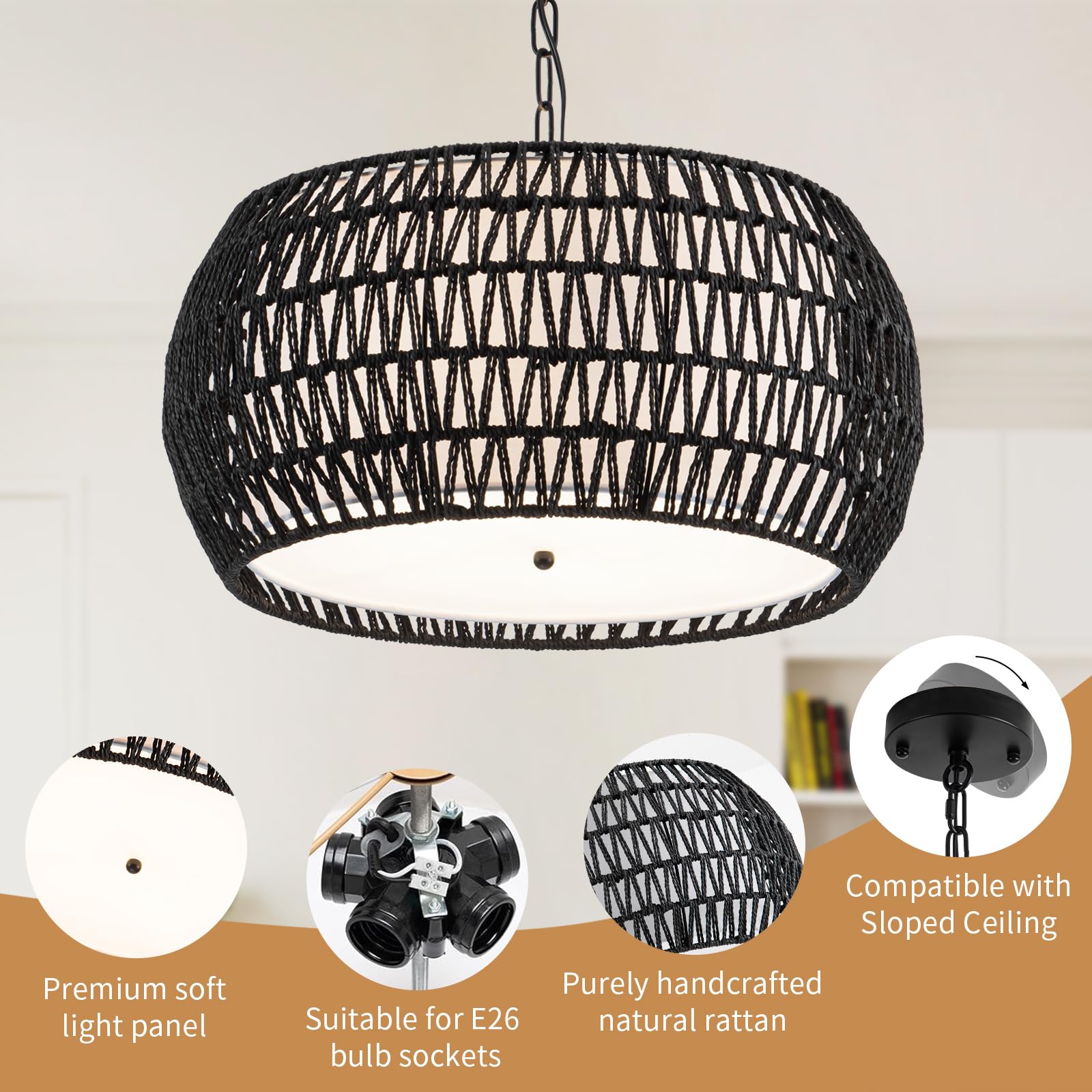 4-Light Rattan Semi Flush Mount Ceiling Light, 15" Boho Light Fixture with Hand-Woven Rattan Shade in Quatrefoil Shape, Farmhouse Boho Chandelier Wicker Light Fixture for Kitchen Bedroom Foyer