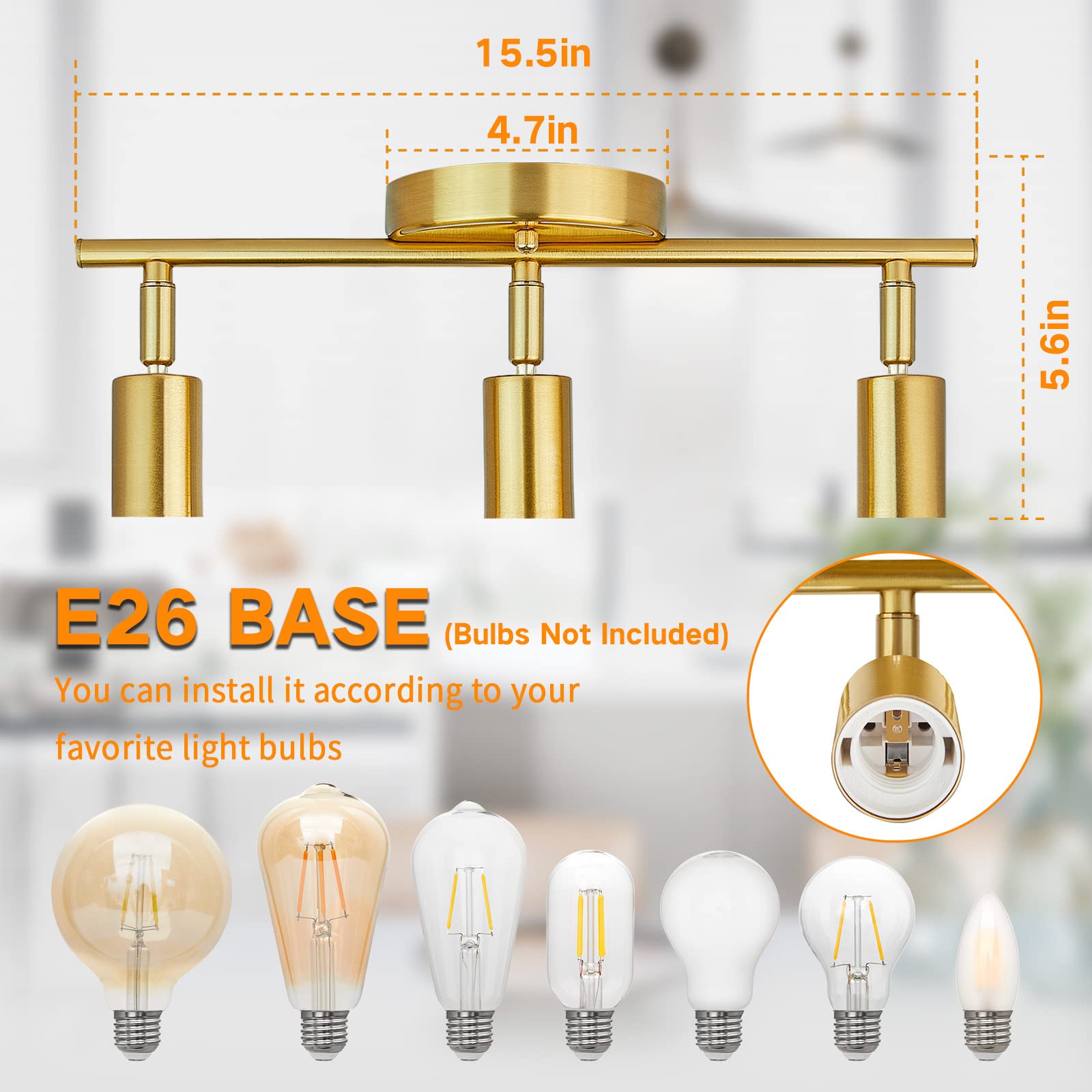 4 Lights Track Lighting Fixtures Ceiling, Flush Mount Gold Track Lights Kit, Modern Directional Kitchen Ceiling Lamp with Flexibly Adjustable E26 Light Heads, for Living Room, Office