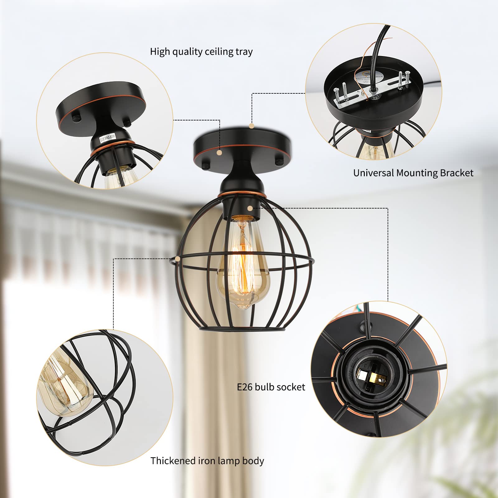 Semi Flush Mount Ceiling Light - Black Light Fixture Hallway Light Fixtures Ceiling Metal Cage Ceiling Light Fixtures Farmhouse Lighting for Porch Kitchen Bedroom Laundry Room Entryway